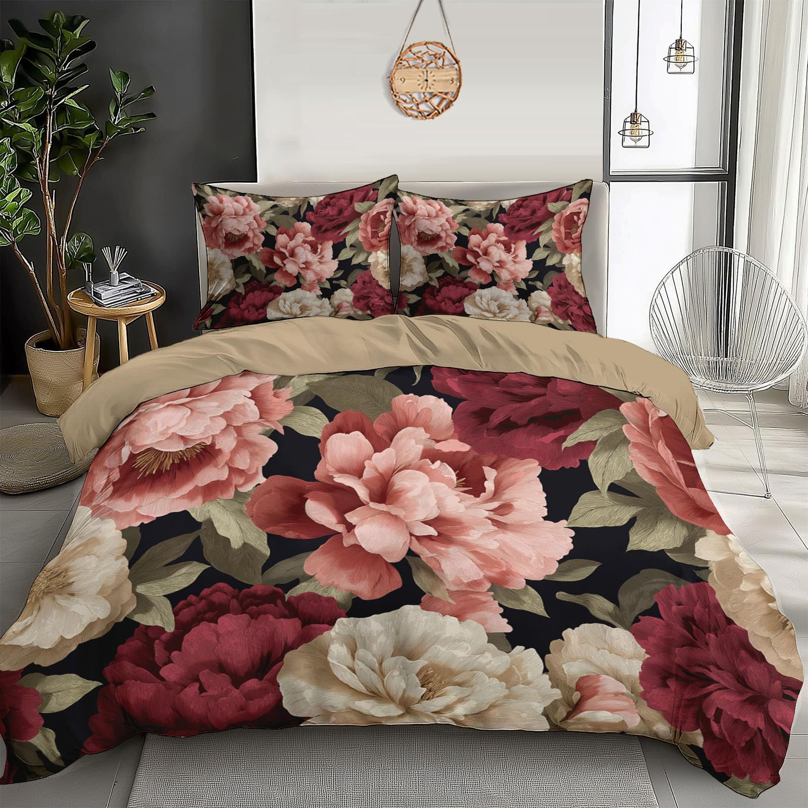 Parure de lit 3D imprimé rose pivoine avec fermeture éclair pratique 240x260