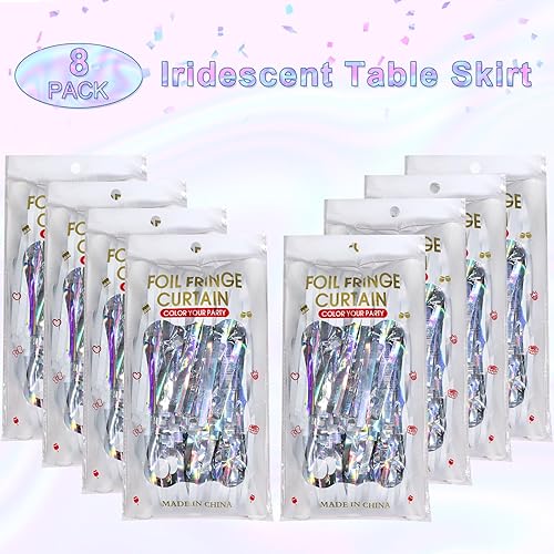 Miniatura 3 de Paquete de 8 faldas de mesa iridiscentes, faldas de mesa de oropel con flecos de papel metálico para mesas rectangulares, falda de mesa desechable