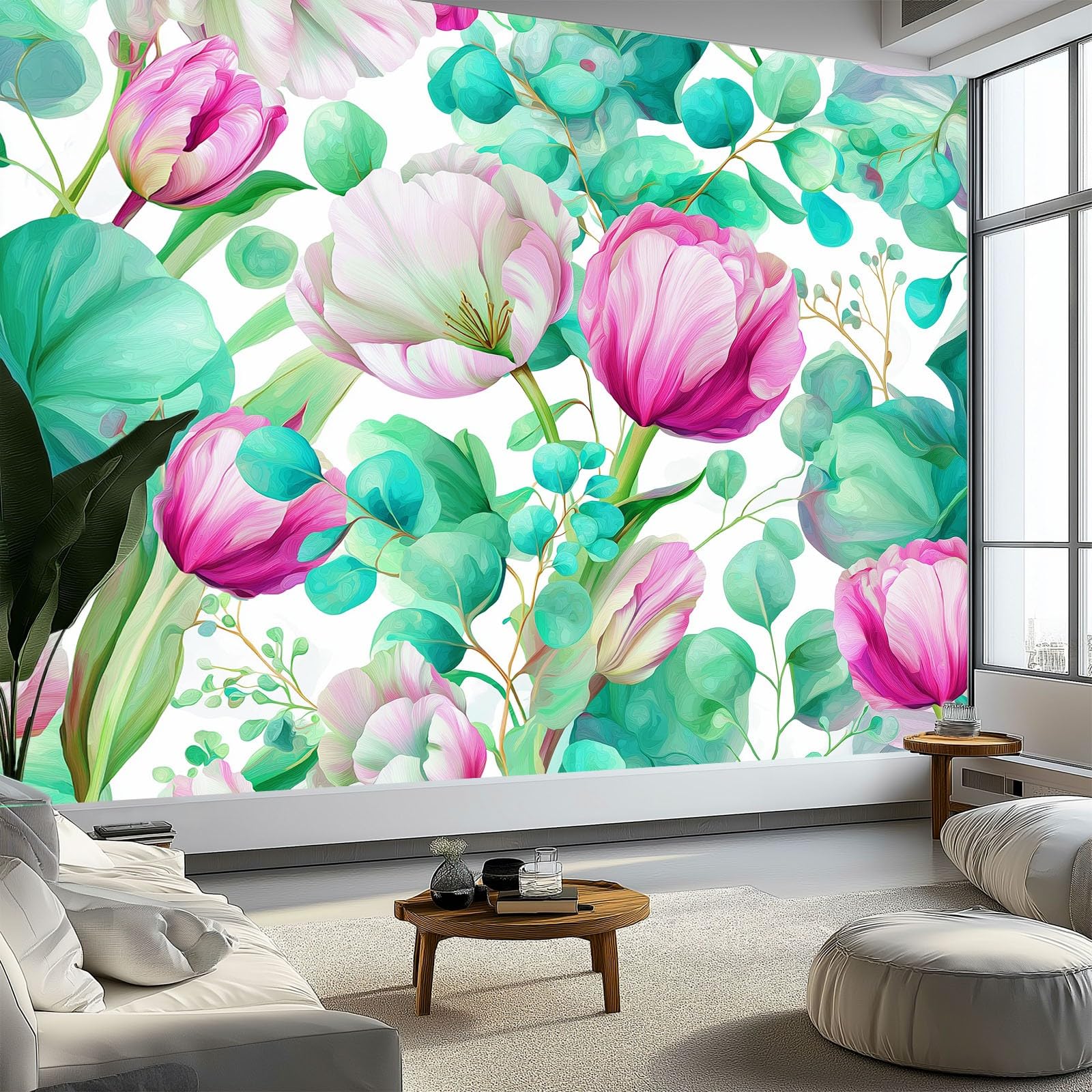Générique Nowoczesna tapeta panoramiczna tulipan liść natura kwiat 200 x 140 cm wysokiej jakości gobelin ścienny z włókniny - dekoracja ścienna, do pokoju dziecięcego i biura zielona