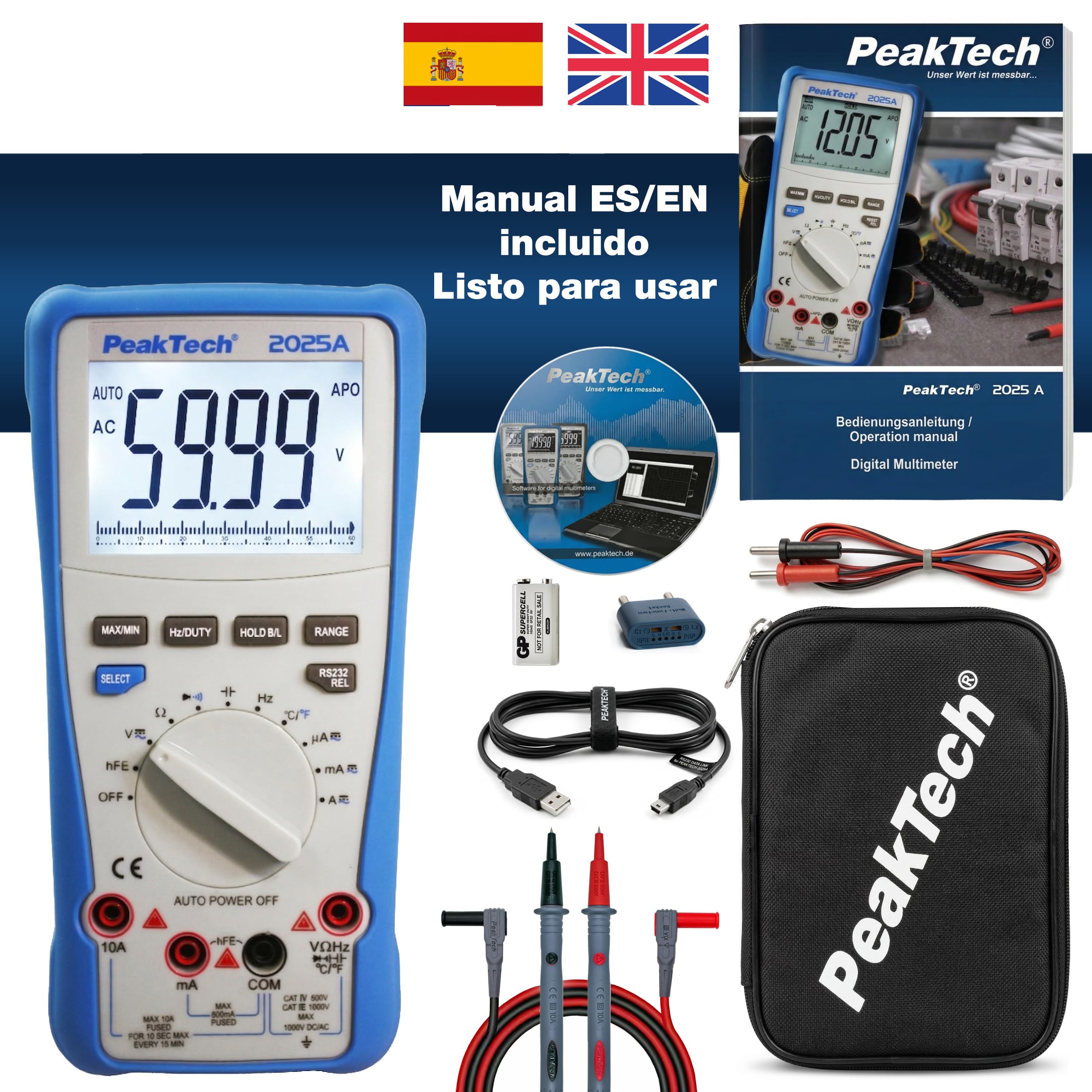 PeakTech 2025 A - Multímetro digital de verdadero valor eficaz, 6.000 cuentas, interfaz de datos integrada con software, medidor de resistencia, capacitancia, continuidad, 1000V - 10A AC/DC - CAT III