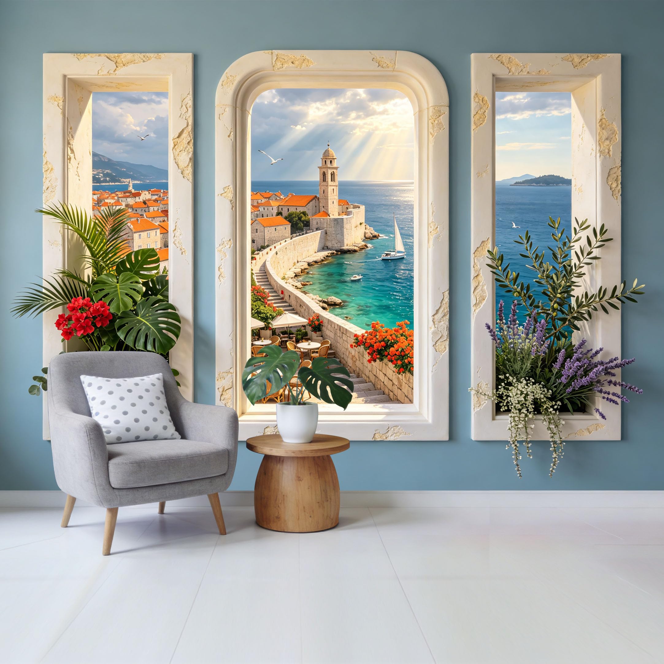 Removable Self Adhesive Fabric Mural， Mediterranean Coastal Landscape Custom Size Wall Covering， UV Protected Waterproof Washable Wall Decor for Living Room Bedroom Bathroom