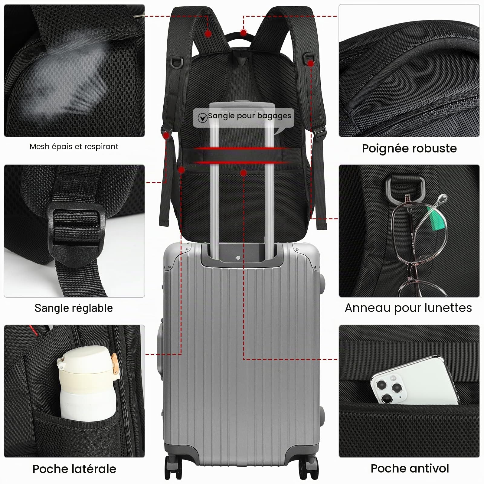 NEWHEY Sac à Dos Ordinateur Portable 17.3 Pouces Avec Compartiment Isotherme pour Déjeuner et Port USB Sac de Voyage Imperméable Sac Isotherme Homme Femme Pique-Nique Travail École Noir