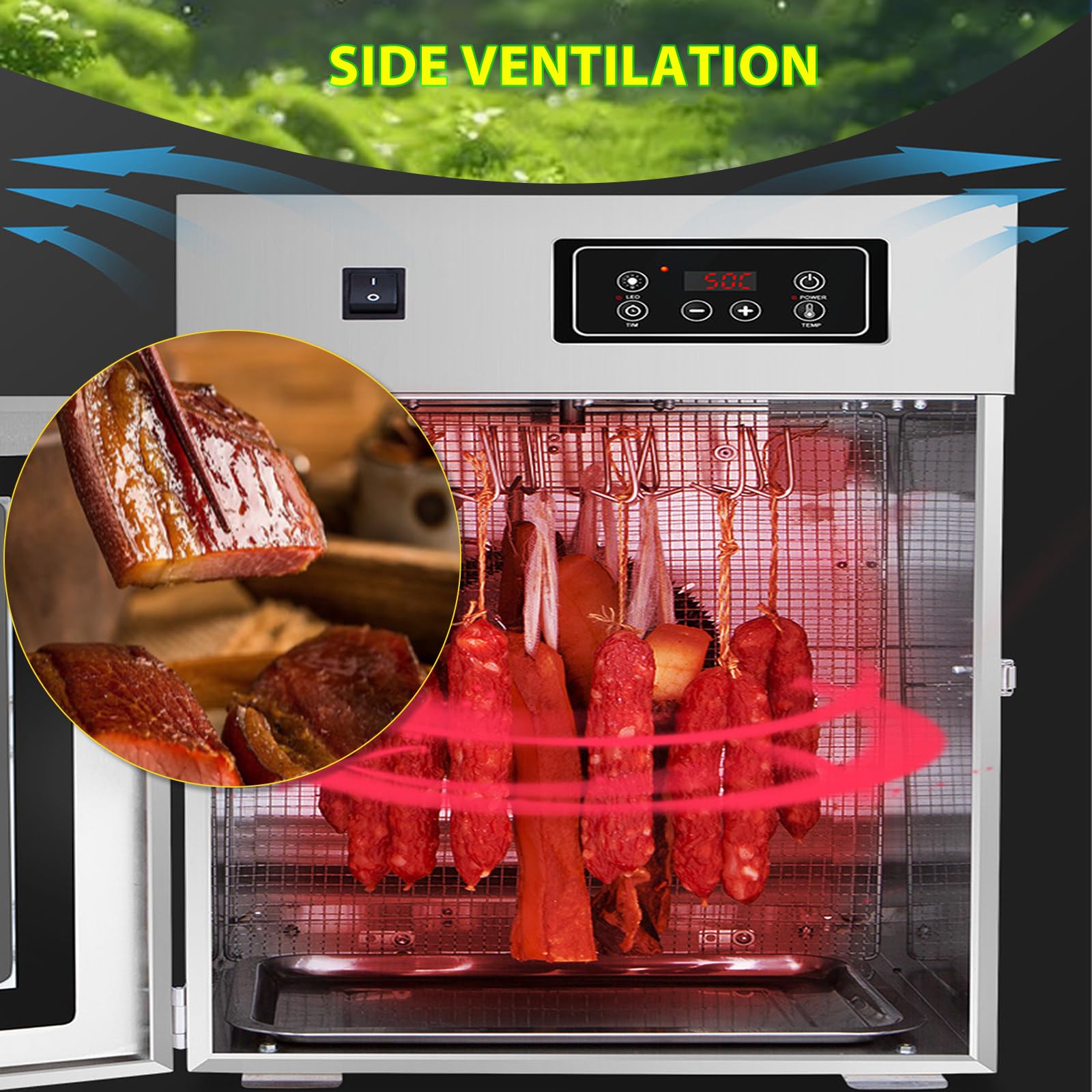 Essiccatore Rotante per Carne in Acciaio Inox, Armadio di Frollatura a Secco da 800 w, Rotazione a 360°, con 14 Ganci, Regolazione 0-90 °C, Essiccazione Tridimensionale