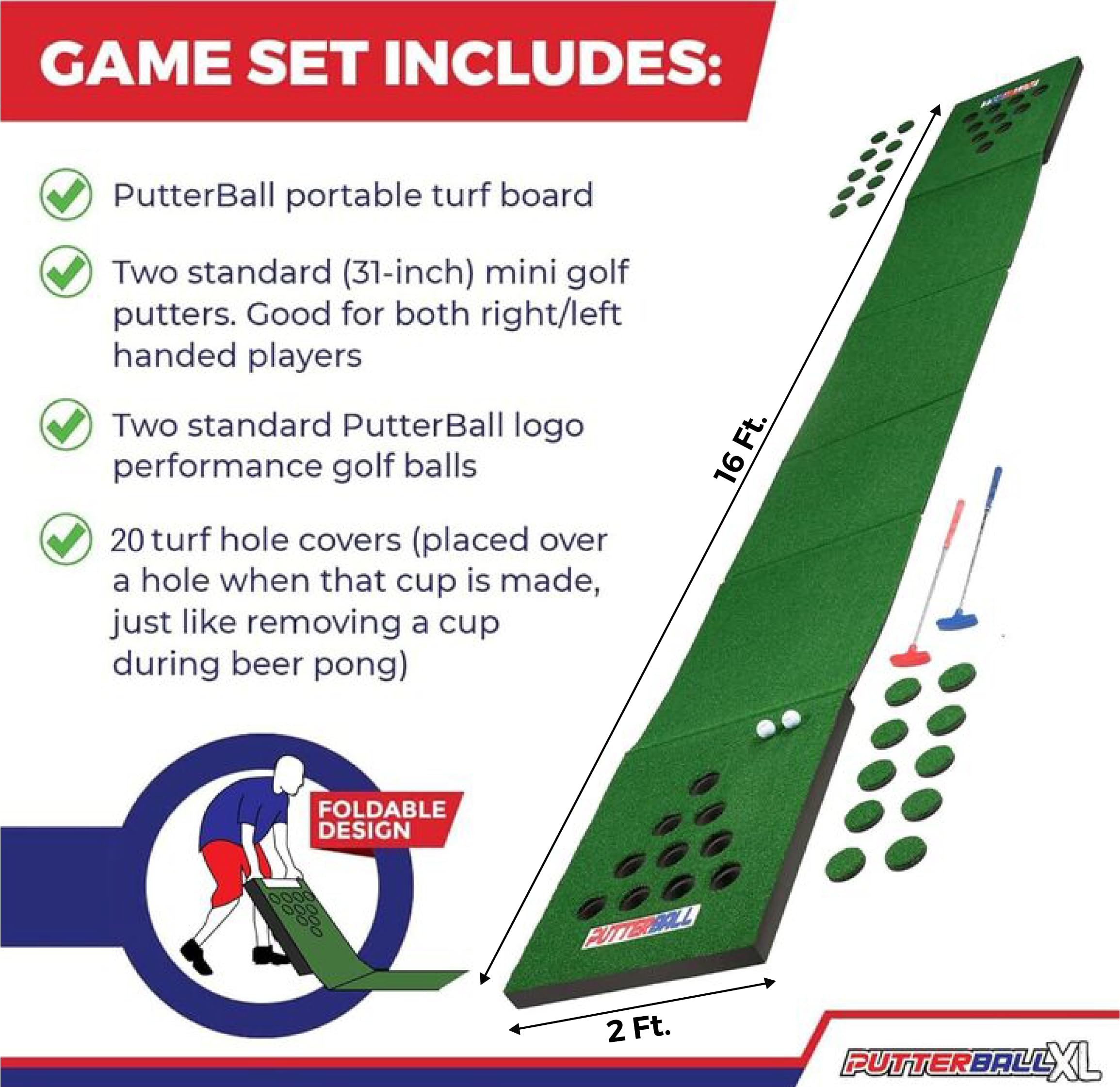 PutterBall XL Golf Pong Game Set – The Original 10 Cup Putting Pong Edition with 2 Putters, 2 Balls, Green Mat and Hole Covers – Fun Putter Golf Game for Backyard, Office, Indoor Outdoor Parties