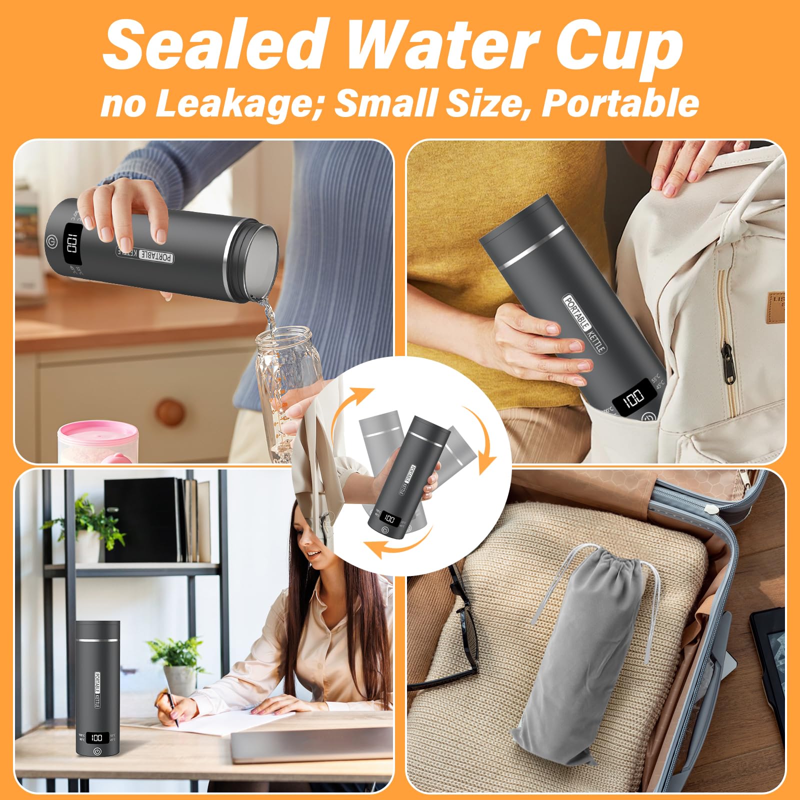 Elektrischer Reisewasserkocher Klein 500ML, Kleiner Wasserkocher Reise Schnelles Kochwasser Mini -Wasserkocher tragbar 316 Edelstahl, automatisches Schließen, For Tee, Kaffee, Babymilch (Dunkelgrau)