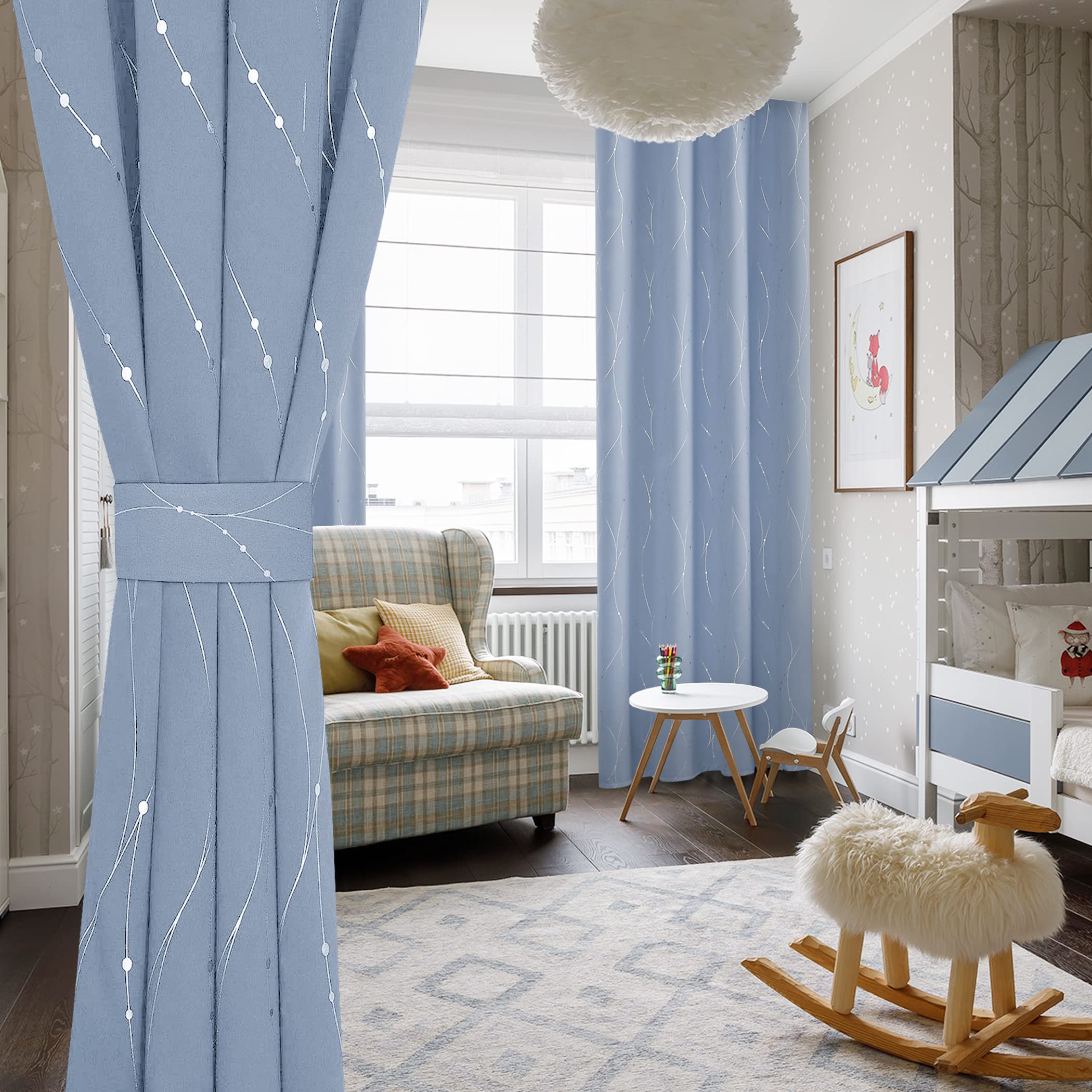 BUHUA Verdunkelungsvorhang Paneele für Wohnzimmer, wärmeisoliert, graue Vorhänge, Fenstervorhänge für Schlafzimmer, 183 cm lang, silberfarbene Wellenlinie mit Punkten Bedruckt (132 x 183 cm