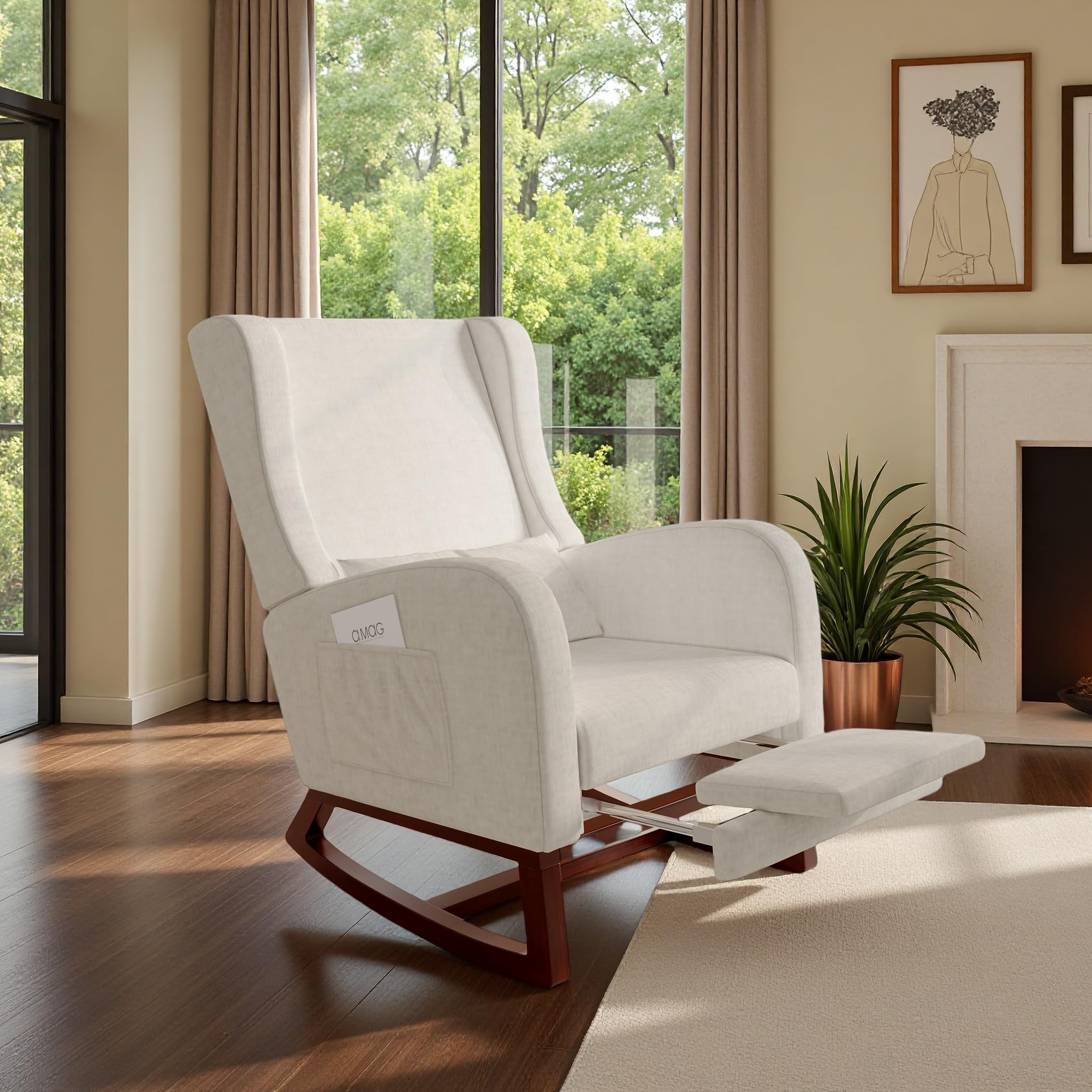 Fauteuil à Bascule avec Repose Pied Rétractable, Chaise à Bascule Coussin Lombaire, Rocking Chair Salon Chambre (Beige Lin)