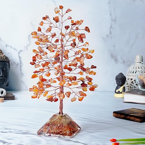 Miniatura 5 de Árbol de la vida con piedras preciosas de cornalina  Base de pirámide de orgón, árbol de cristal para energía positiva, decoración de Feng Shui,