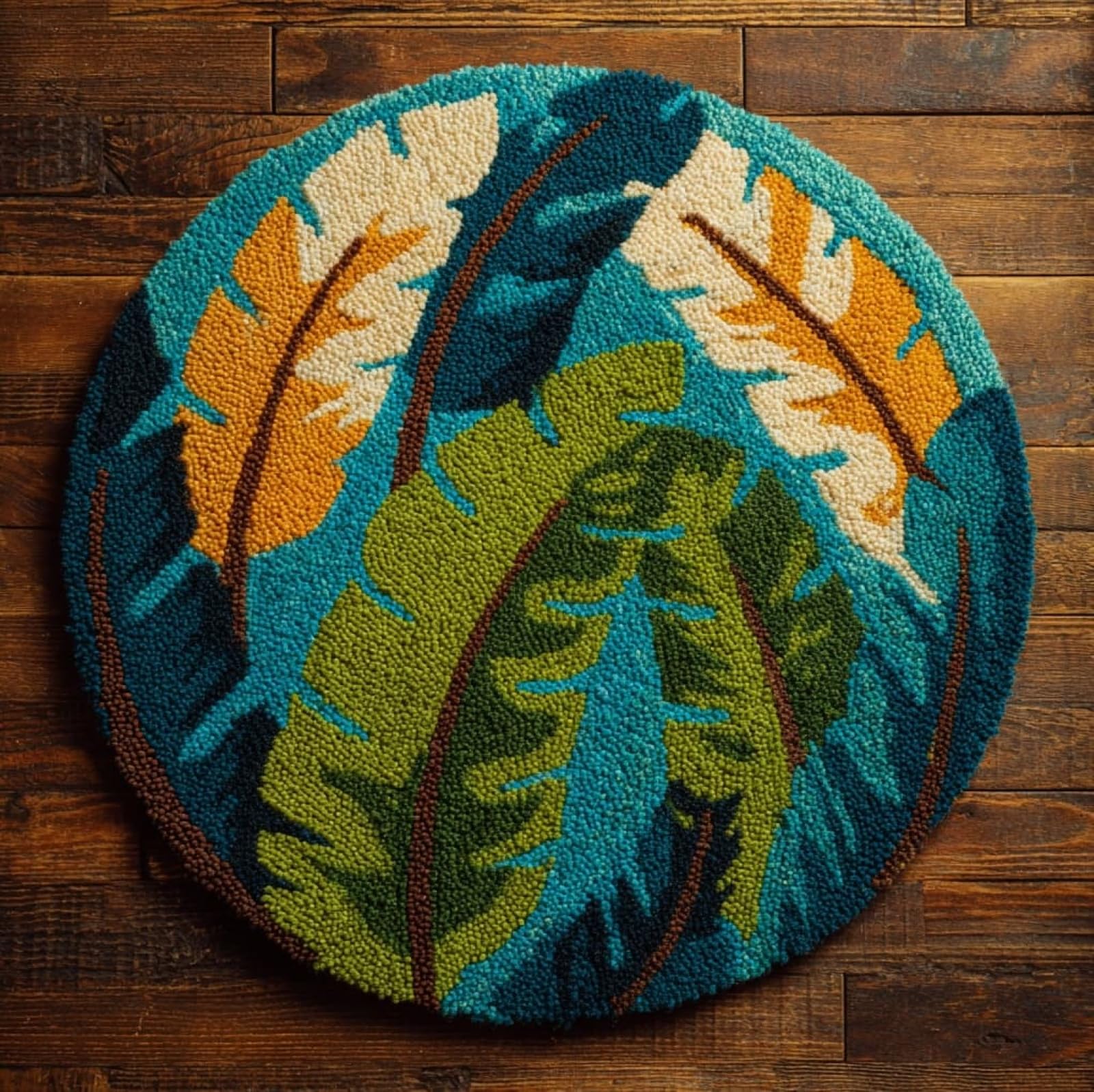 WallustrioaW Beginner Small Size Latch Hook Kits,Tropical Palm Leaves,Yarn Rug Kits Making,Mat,Craft Kits with Printed Canvas for Starter Kids Adult,50x50cm