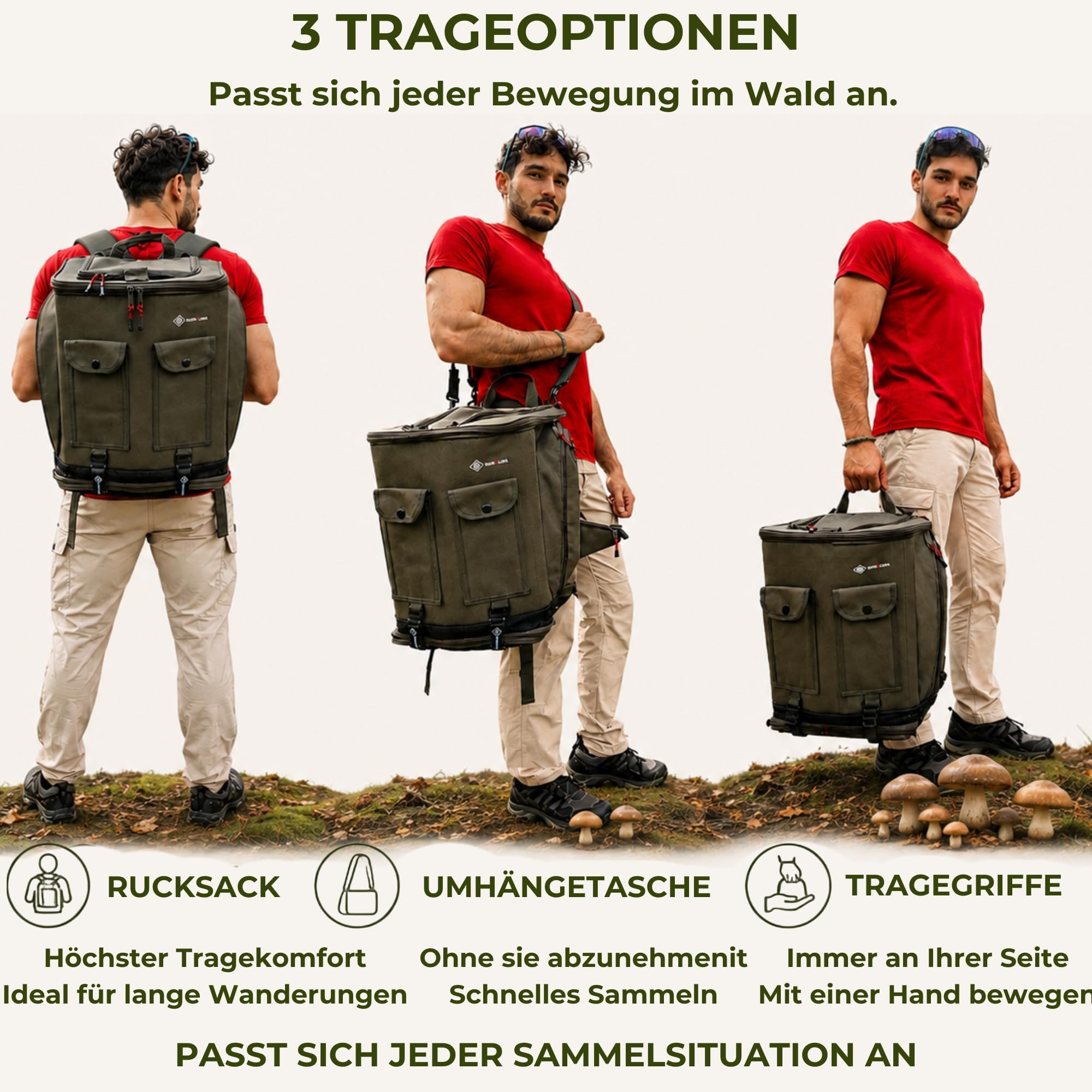 Pilz Tasche [38L Volumen & Belüftetes Mesh-System] | Pilztasche mit stabiler Struktur & Tragesystem (Rucksack & Schultergurt) – Mushroom Backpack zum Pilze sammeln (Grün)