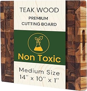 Teak Wood End Grain Cutting Board 13.8 x 9.8 Inch, Solid Wood Kitchen Cutting Board for Meat & Daily Prep, Knife-Friendly Cutting Board with Juice Groove & Handle by New M Way