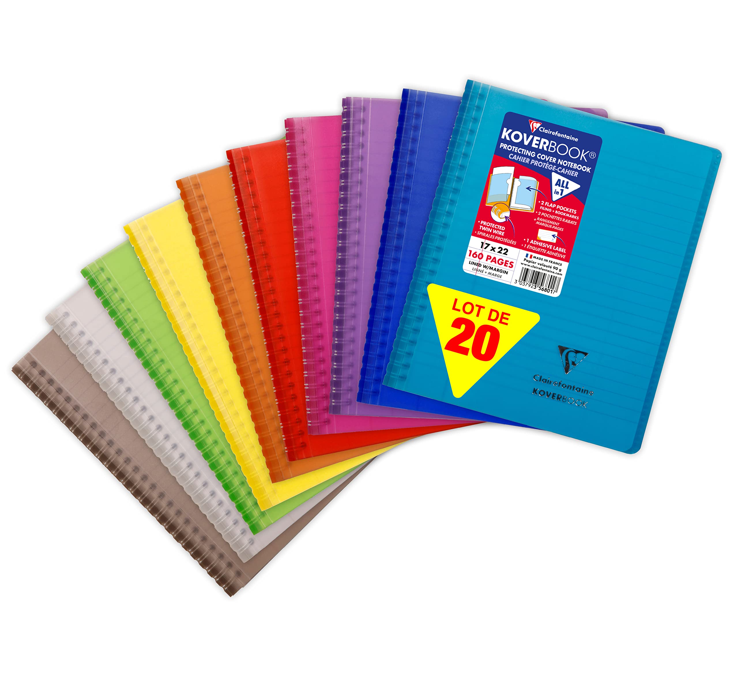 Clairefontaine 356801C Lot de 20 Cahiers à Spirale Koverbook - 17x22 cm - 160 Pages Lignées avec Marge - Papier Blanc 90 g - Couverture Enveloppante Polypro Transparent - Couleurs Aléatoires