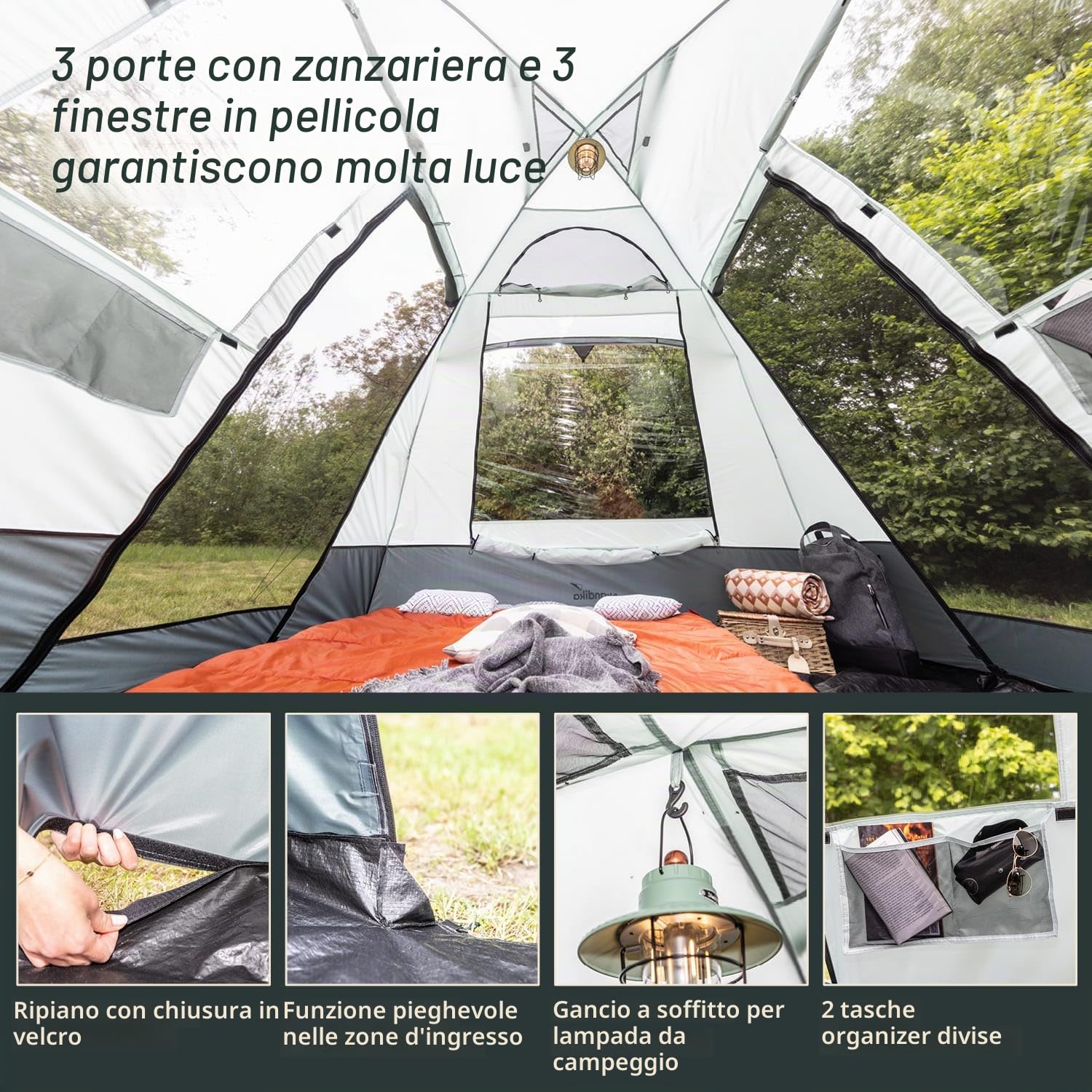 Skandika Tenda multiuso 250 x 250 cm | Tenda da campeggio per 3 persone, zanzariera, pavimento in velcro, finestra panoramica, tenda da sole