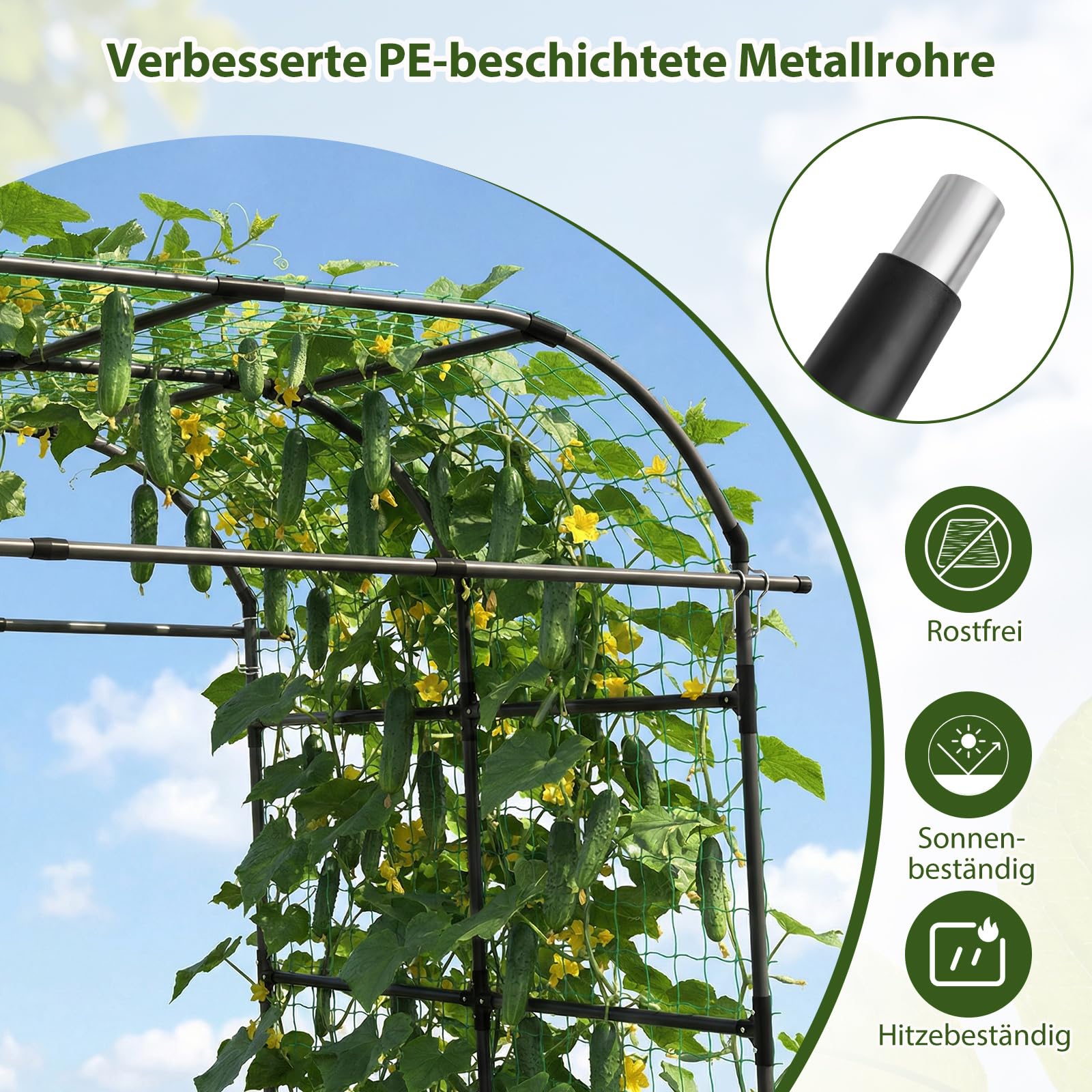 GOPLUS Rankgitter für Kletterpflanzen, 230cm hoch, Gartenbogen Metall mit verstellbare Breite, U-förmige Rankhilfe mit Netz & PE-beschichtet, Rosenbogen Pflanzengitter für Gurken, Blumen & Weinreben
