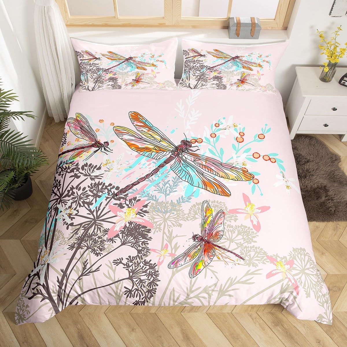 Feelyou Dragonfly Bedding Set Toddler Size Botanical Floral Duvet Cover for Kids Girls Teens Women Bedroom Decor Nature Animals Branches Comforter Cover Decor Pink