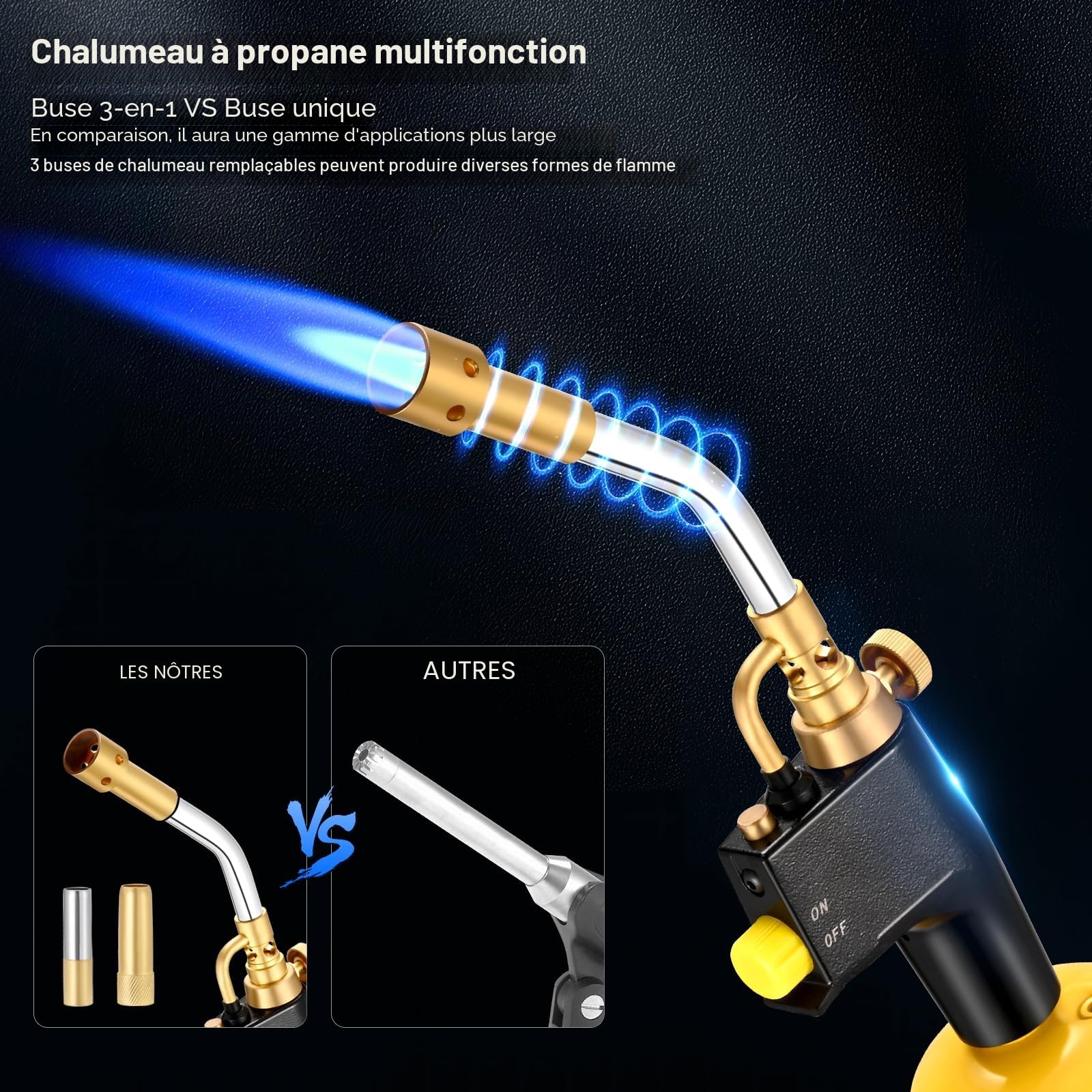 Kit de torche au propane haute intensité GJ-8000 Torche à gaz MAPP avec allumage automatique et bouton en laiton Torche de soudage avec 3 buses pour MAPP CGA600 connexion filetée