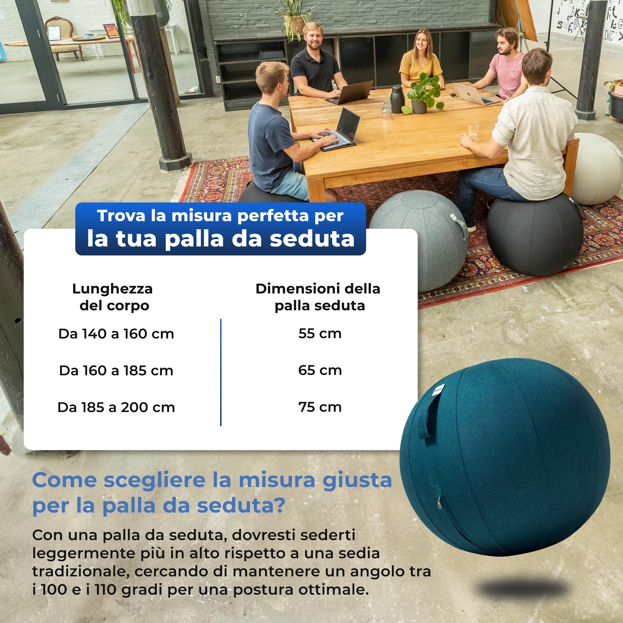 Backerz Palla da seduta per ufficio e casa, 65 cm, per yoga, con rivestimento, ergonomica, in lino