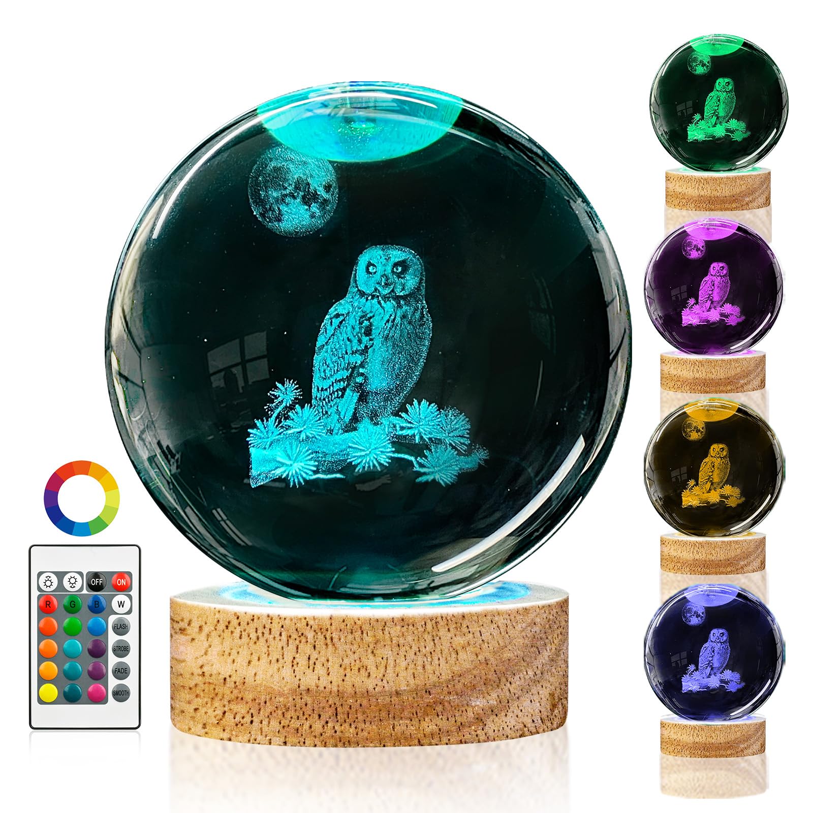 DCORIUNTG 3D Owl Crystal Ball Night Light with Remote Upgraded 3.15 in Owl Figurines Glass Ball Lamp with 16 Color Wooden LED Base Owl Snow Globes