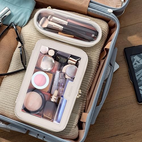 Miniatura 3 de Bolsa de maquillaje transparente de viaje con bolsa de brochas de maquillaje, estuche de maquillaje de cuero, bolsa de cosméticos portátil, bolsa de