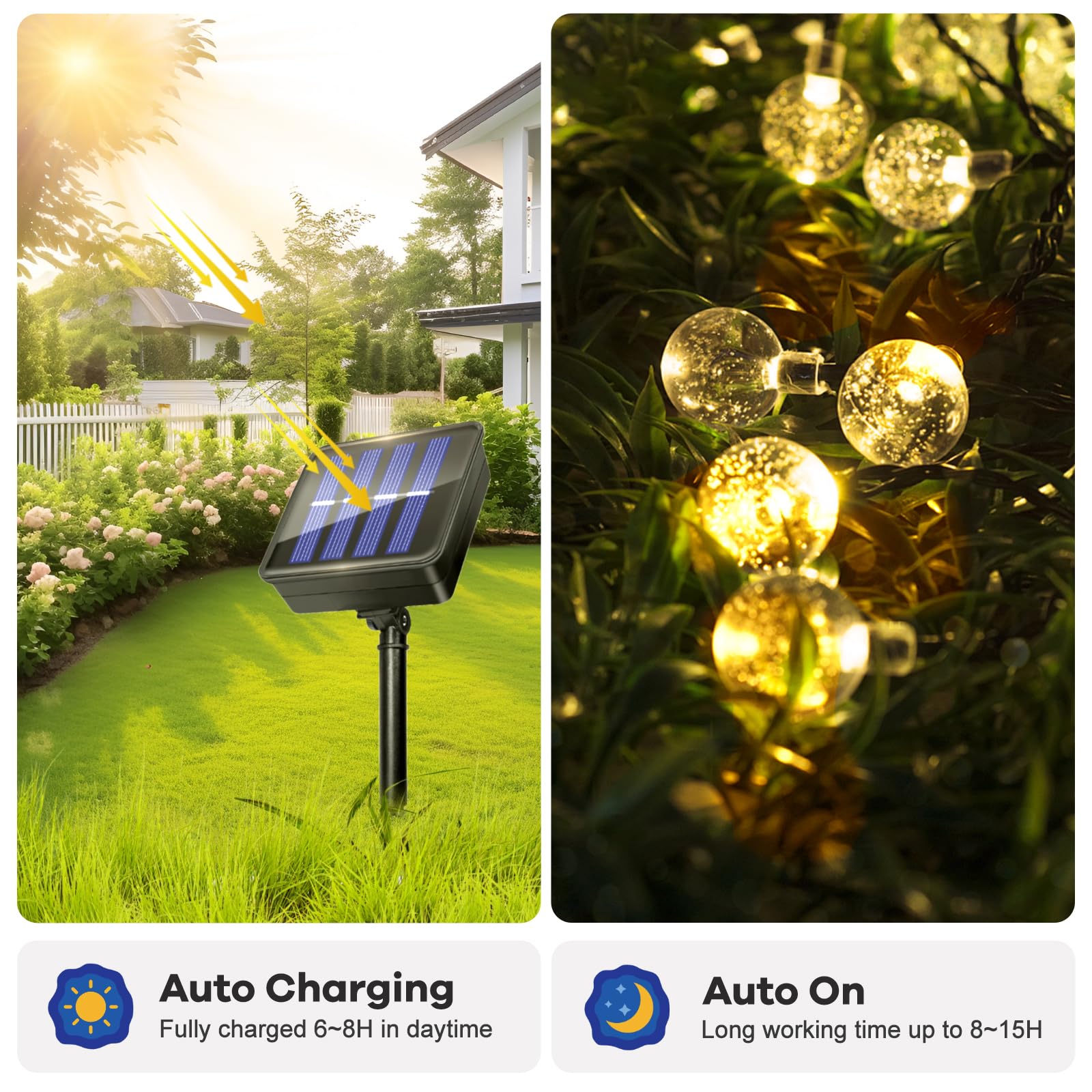 Guirnaldas Luces Exterior Solares, 11M 60LED Guirnalda Luces Solar, IP65 Impermeable, 8 Modos Cadena Luce Solar, Interior y Exterior Cadena Bombilla para Jardín, Patio, Fiesta, Navidad (Blanco Cálido)