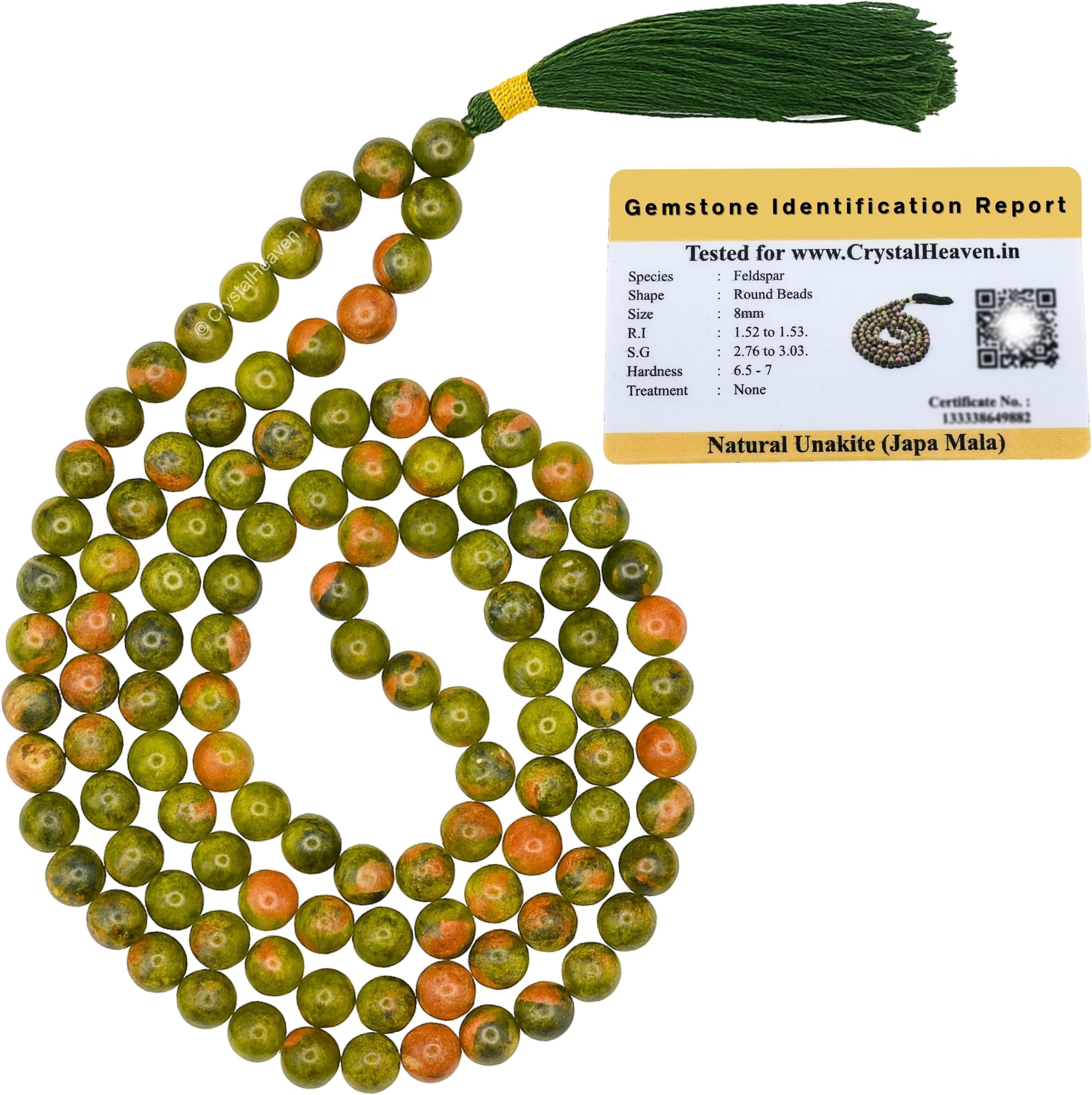 Certified Unakite Crystal Japa Mala Saadi - 108 Beads Buddhist Prayer Beads - AAA Grade Original Healing Gemstone Agate Mala for Yoga Meditation Spiritual Reiki Feng Shui