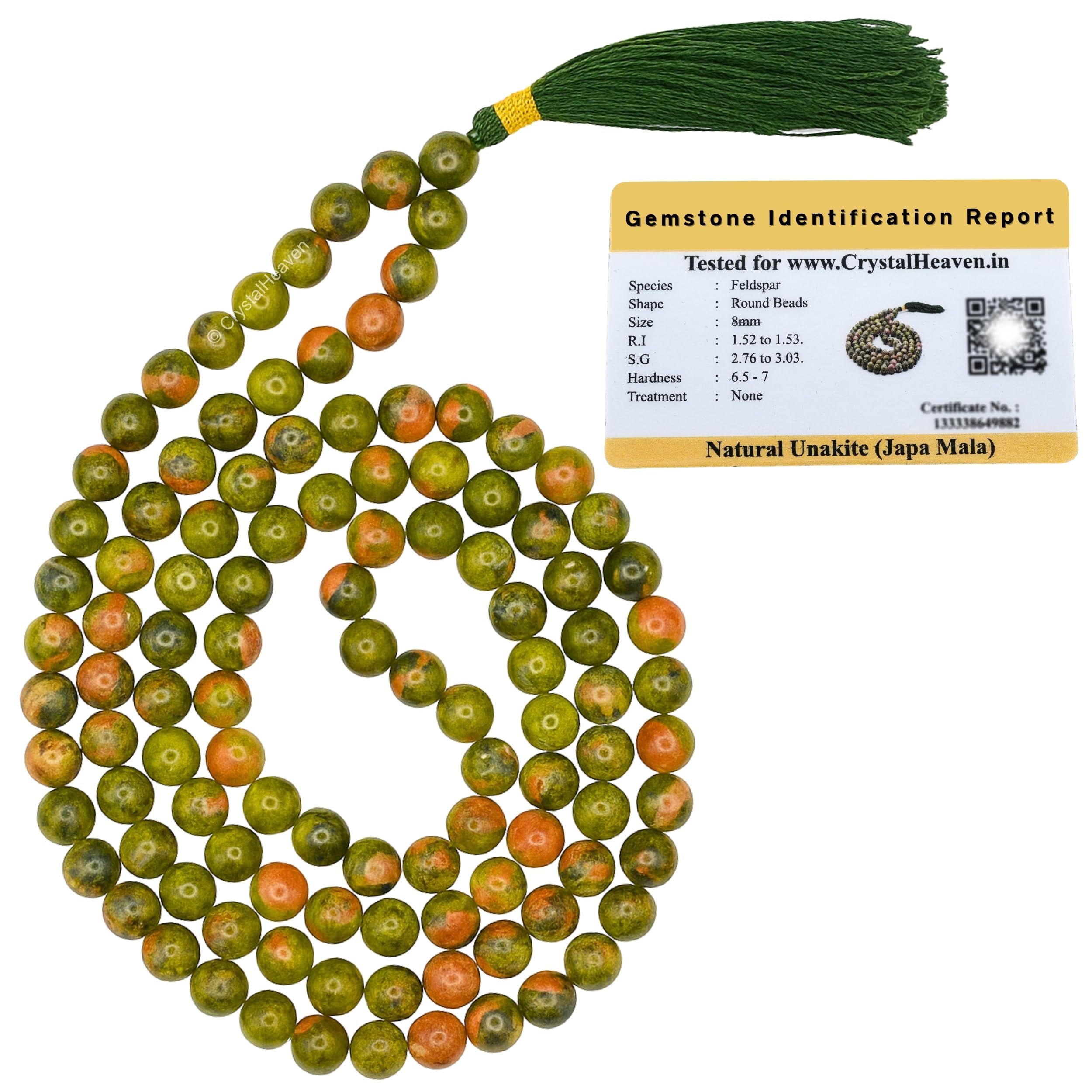Certified Unakite Crystal Japa Mala Saadi - 108 Beads Buddhist Prayer Beads - AAA Grade Original Healing Gemstone Agate Mala for Yoga Meditation Spiritual Reiki Feng Shui