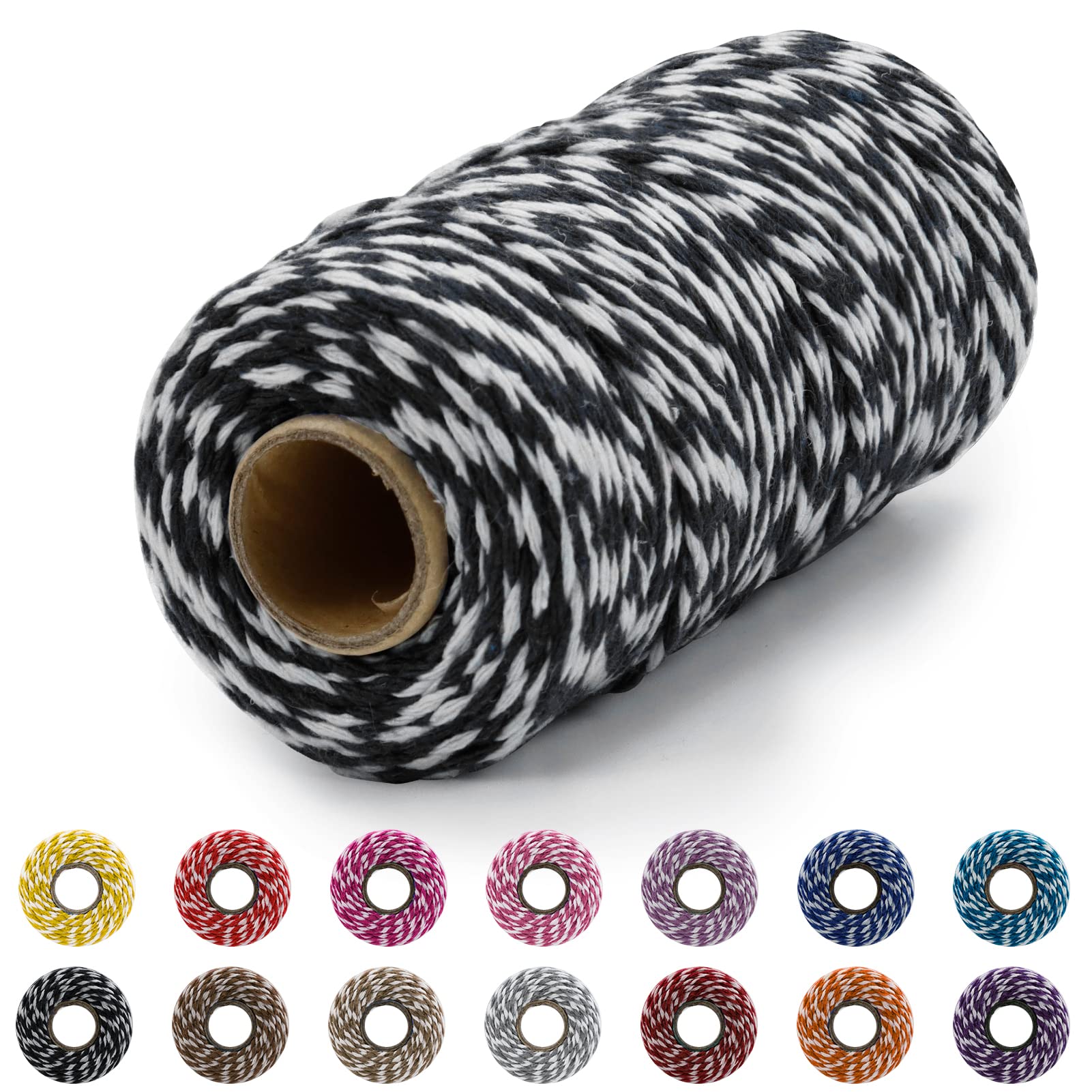 Black and White Twine 109 Yards 2mm Cotton Baker Twine String Macrame Cord Natural Cotton Rope Macrame Yarn, 2-Ply Packing String for Gift Wrapping Christmas Decorations Arts and Crafts Making
