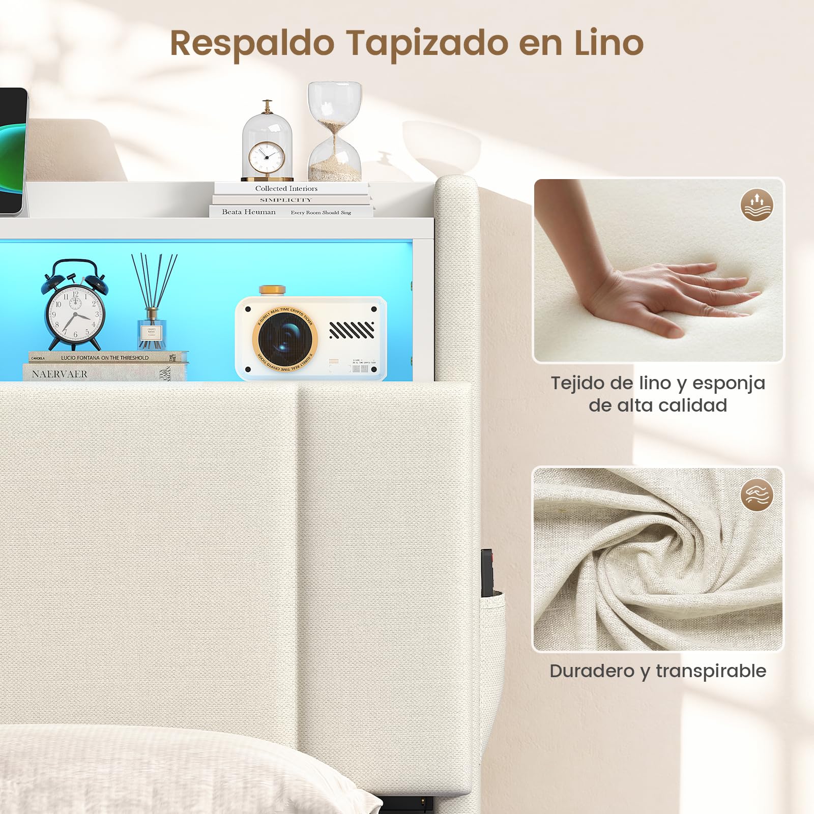 AOGLLATI Cama Matrimonial 140x190 cm con Almacenamiento Hidráulico, Lino | Marco de Cama con 270° Luces LED, Somier Estructura de Cama con Estación de Carga Cama Canape con Cabecero Beige