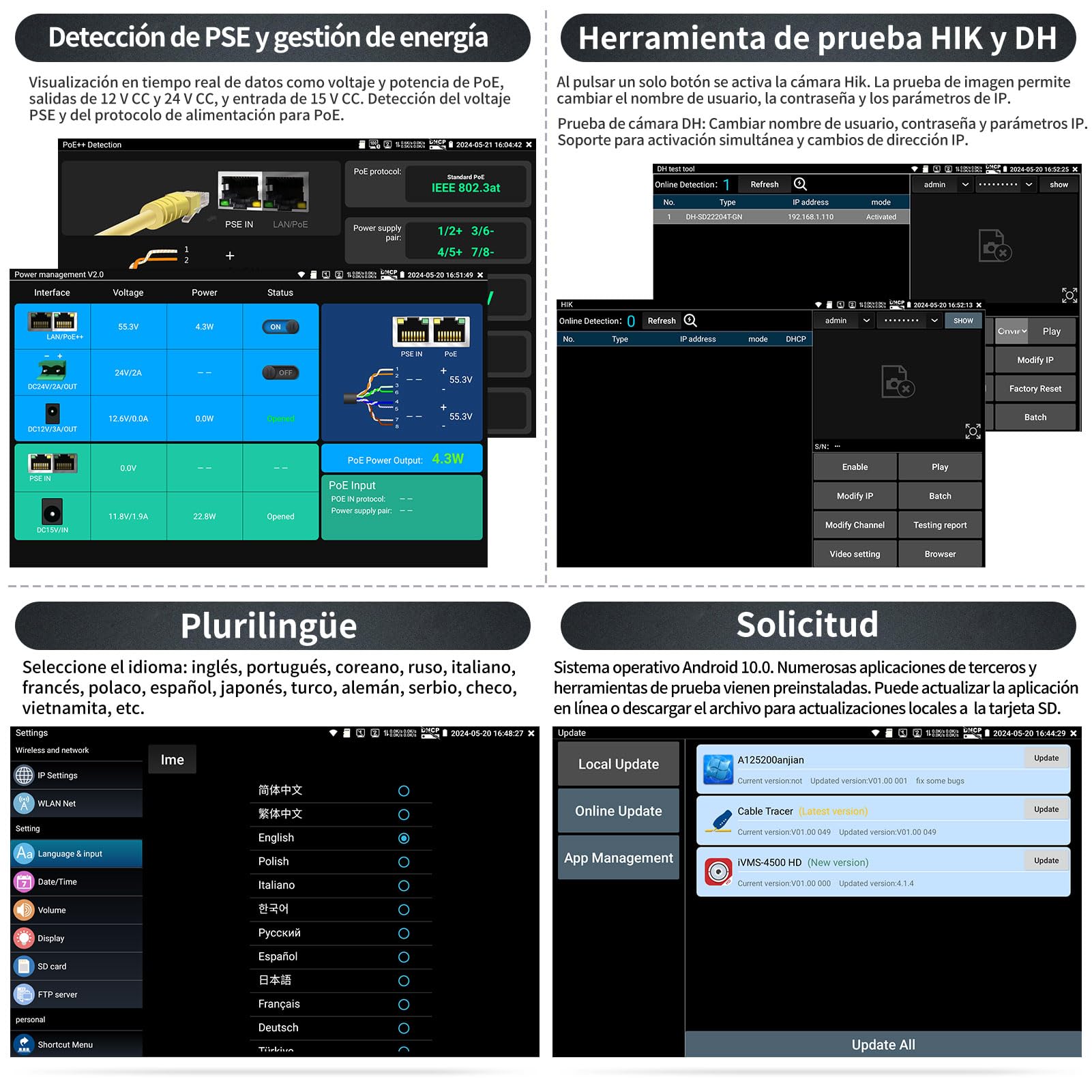 Henkion Monitor Probador de CCTV 4K 12MP Tester Cámaras IP POE++ Máx 90W Test Cámaras POE Pantalla Táctil IPS 8 pulgadas 1920x1200 Módulo SFP 1CH WiFi Herramientas Red Test Cables Detección POE E88