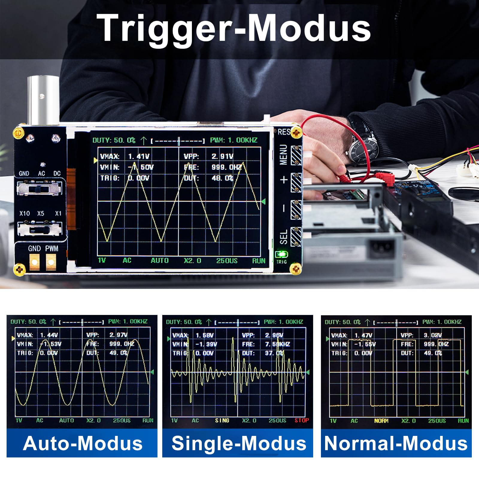 Treedix Handheld Digitales Mini-Oszilloskop-Kit mit 2,4'' LCD-Bildschirm, 3 Trigger-Modi, 24MSa/s hoher Abtastrate, 200 kHz Bandbreite, X10/X5/X1 Empfindlichkeit, GND/AC/DC Kopplungsmethode