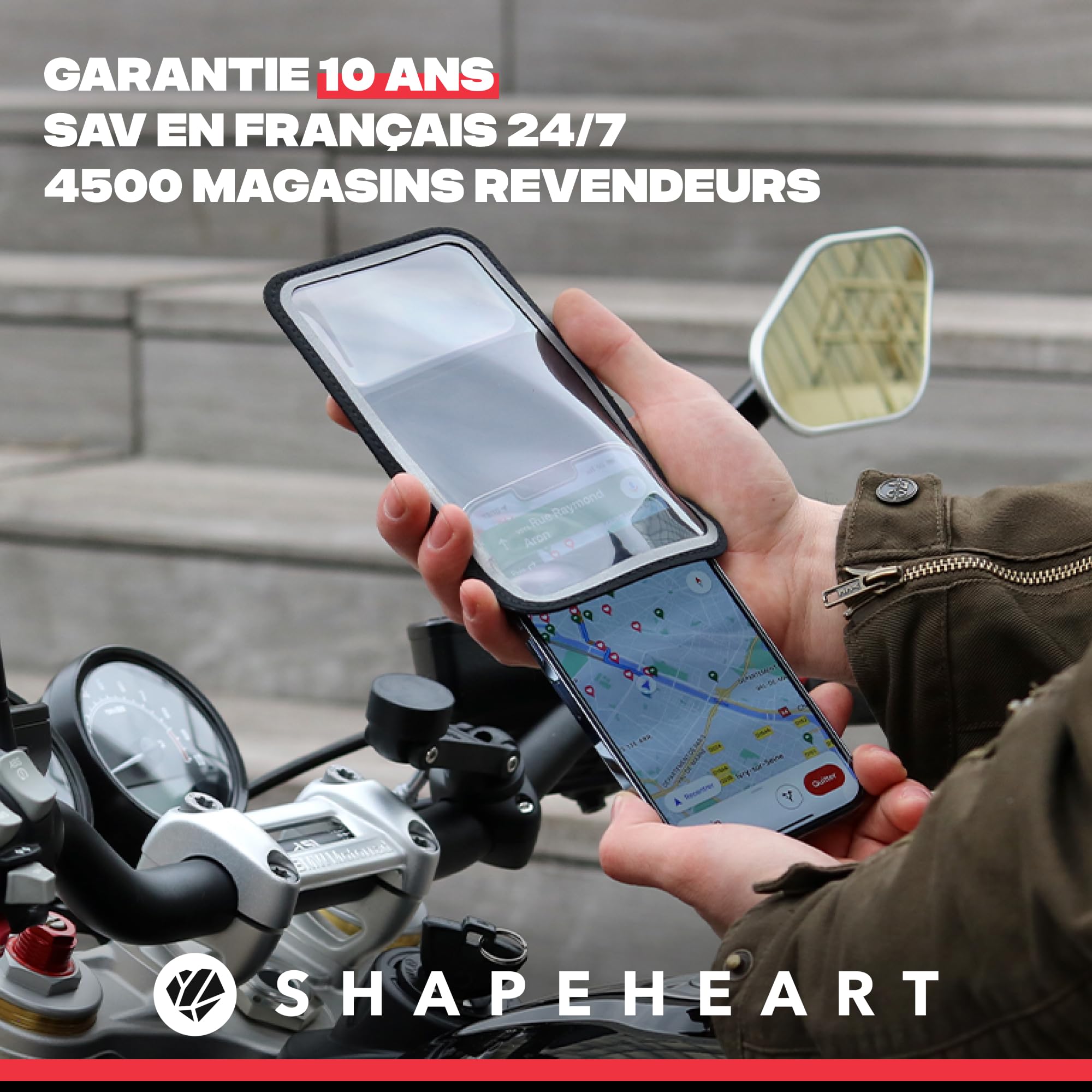 SHAPEHEART innovation française, Support téléphone moto magnétique Pro avec bras articulé et pochette imperméable détachable, absorbe les vibrations. Porte téléphone pour guidon moto, scooter