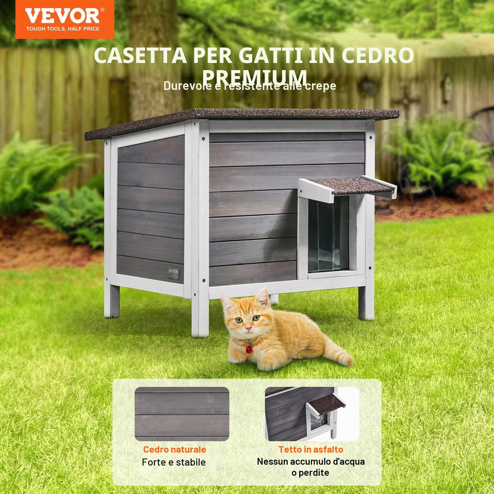 VEVOR Cuccia per Gatti da Esterno, 610x508x535 mm, Cuccia per Gatti in Legno, Resistente alle Intemperie, Isolamento in Schiuma, Tetto Aperto, Porta a Ribalta, Cuccia per Gatti Animali, Grigio