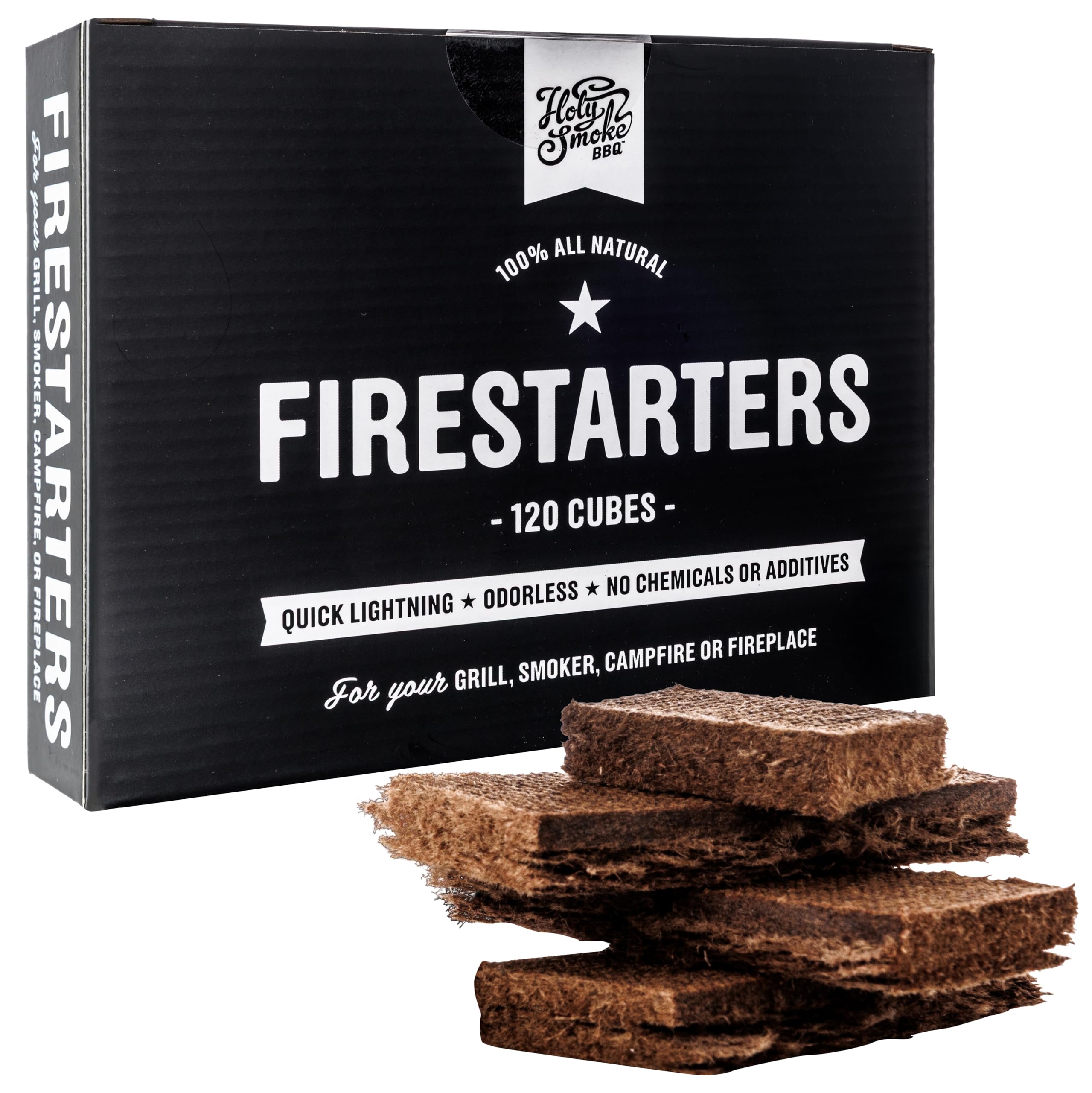 HOLY BBQ Cubes Allume-Feu Naturels 120 pcs Écologiques pour Barbecue Cheminée et Feu de Camp Allumage Rapide sans Produits Chimiques Inodores pour Charbon et Bois