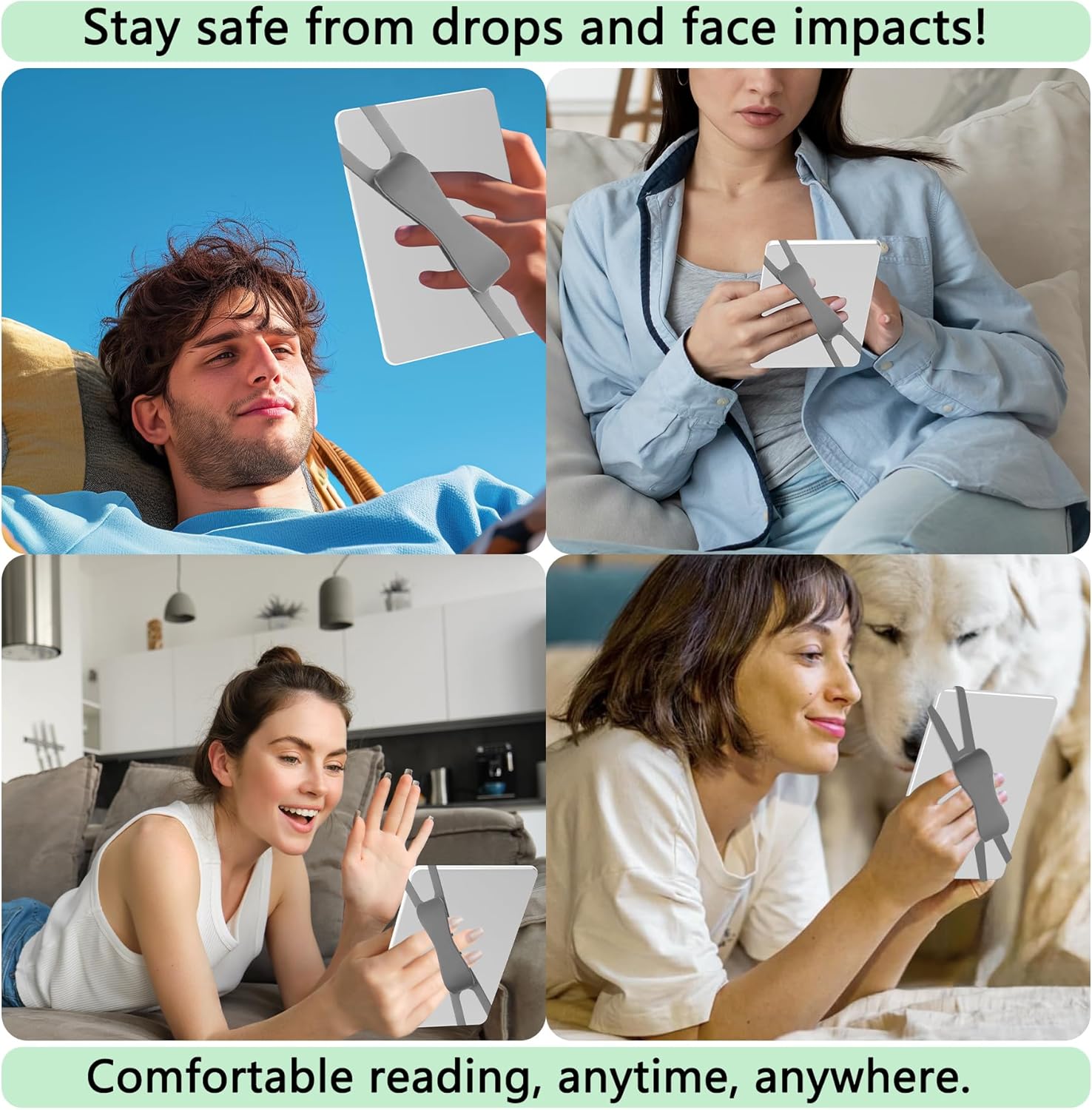 Fotbor 3 Pack Ergonomic Hand Strap for Kindle & Tablets - Lying Reading Essential - Non-Slip Anti-Fall Lightweight Grip Strap, Fits 4.7-8" Kindle/e-Readers/Phones & Tablets (Gray) - Image 6