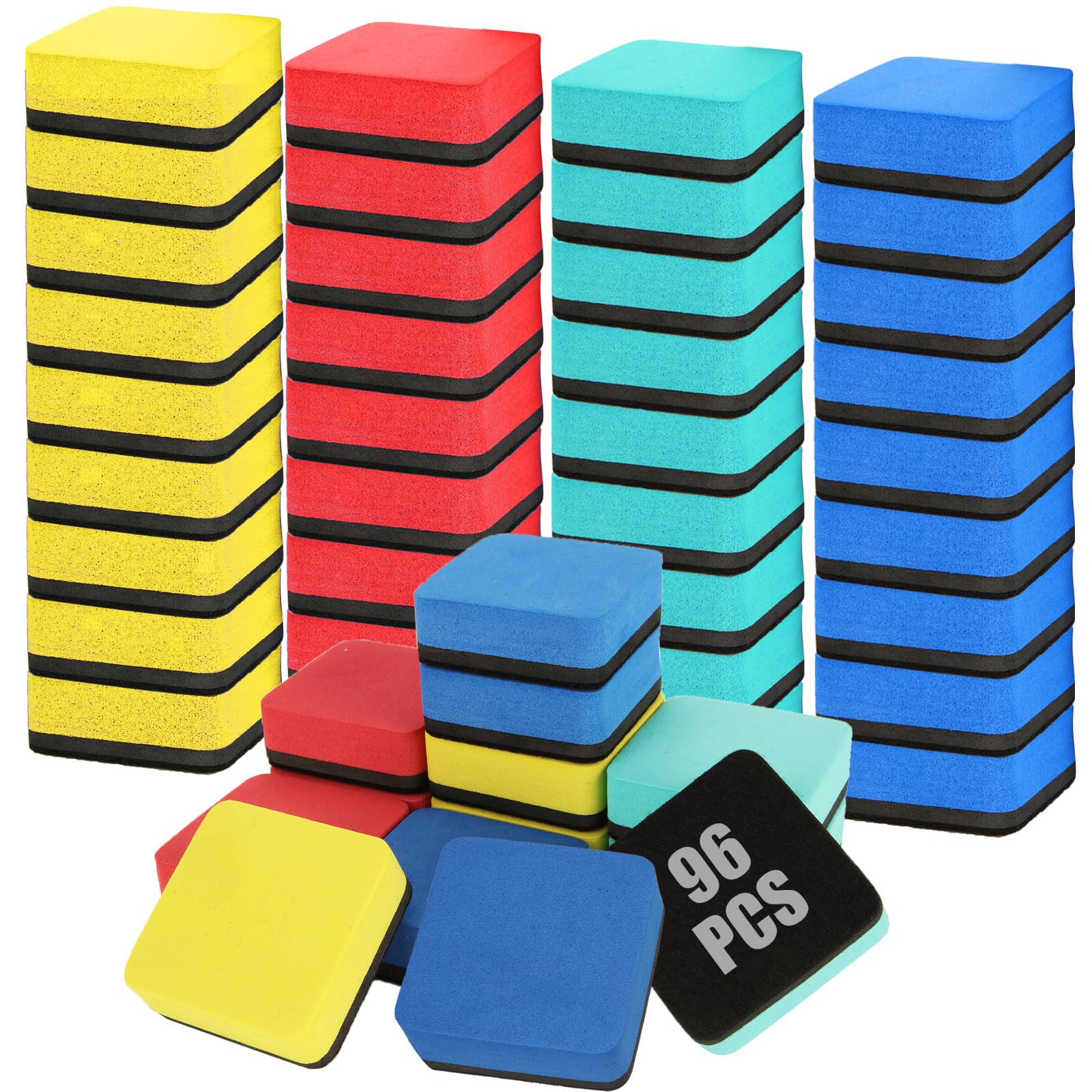 96 Pack Dry Erase Eraser, Magnetic Whiteboard Dry Eraser, White Board Eraser, Dry Erase Board Eraser, Mini Chalkboard Cleansers for Classroom, Home and Office (4-Color, 2 x 2 x 0.79 Inch)