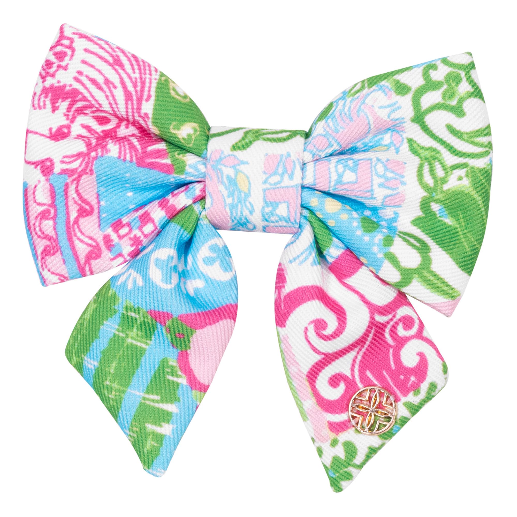 Lilly Pulitzer Pet Bow, Dog Bow Tie with Gold Logo Emblem, Elastic Collar Attachment, Durable Polyester, Easy to Clean, Stylish Pet Accessory (Crazy Quilt Home)