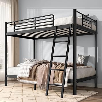 Metal Bunk Bed Twin Over Twin, Industrial Bunkbeds Heavy Duty Bed with Safety Guard Rails and Space-Saving Design, Steel Bed for Bedroom Dorm,Black