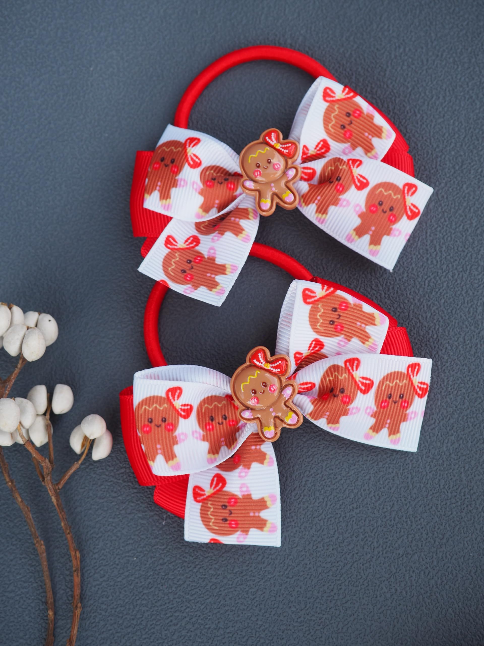 MeiMei Christmas Gingerbread Girl Hair Bow with Elastic Bobble, Handmade Girls Hair Tie, Grosgrain Ribbon Hair Accessories - Image 3