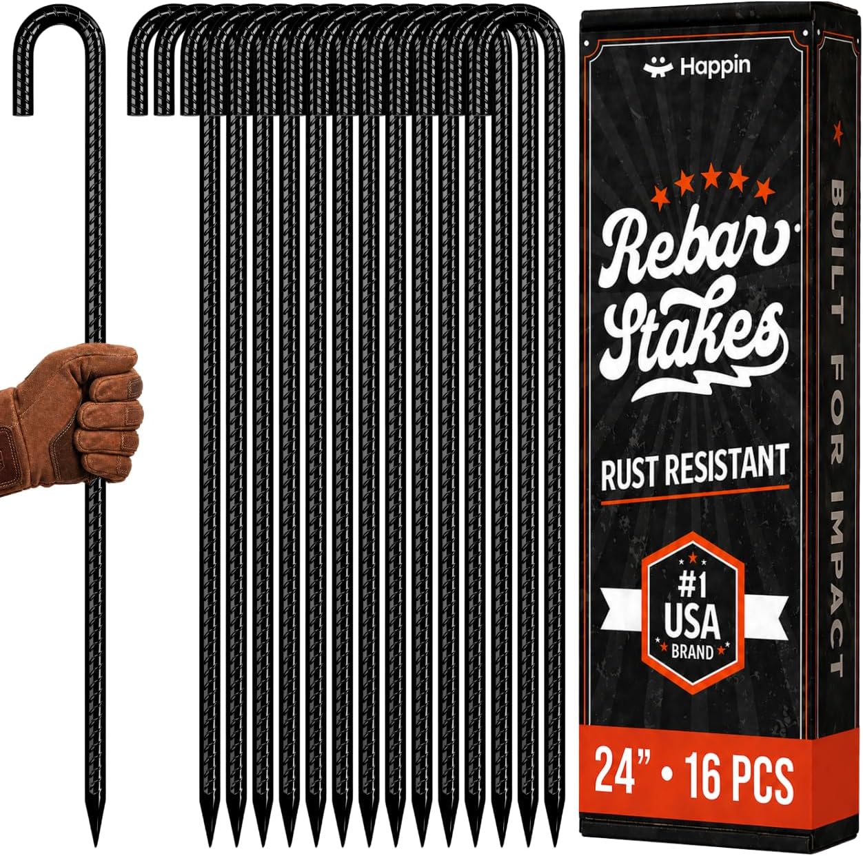 Happin® 24 Inch Rebar Stakes, J Hooks, Tent Stakes Heavy Duty Galvanized Garden Stakes – Trampoline Stakes, Chain Link Fence parts, Canopy, Lawn Decorations, Inflatables, Swing Set (J Shape – 16 Pack)