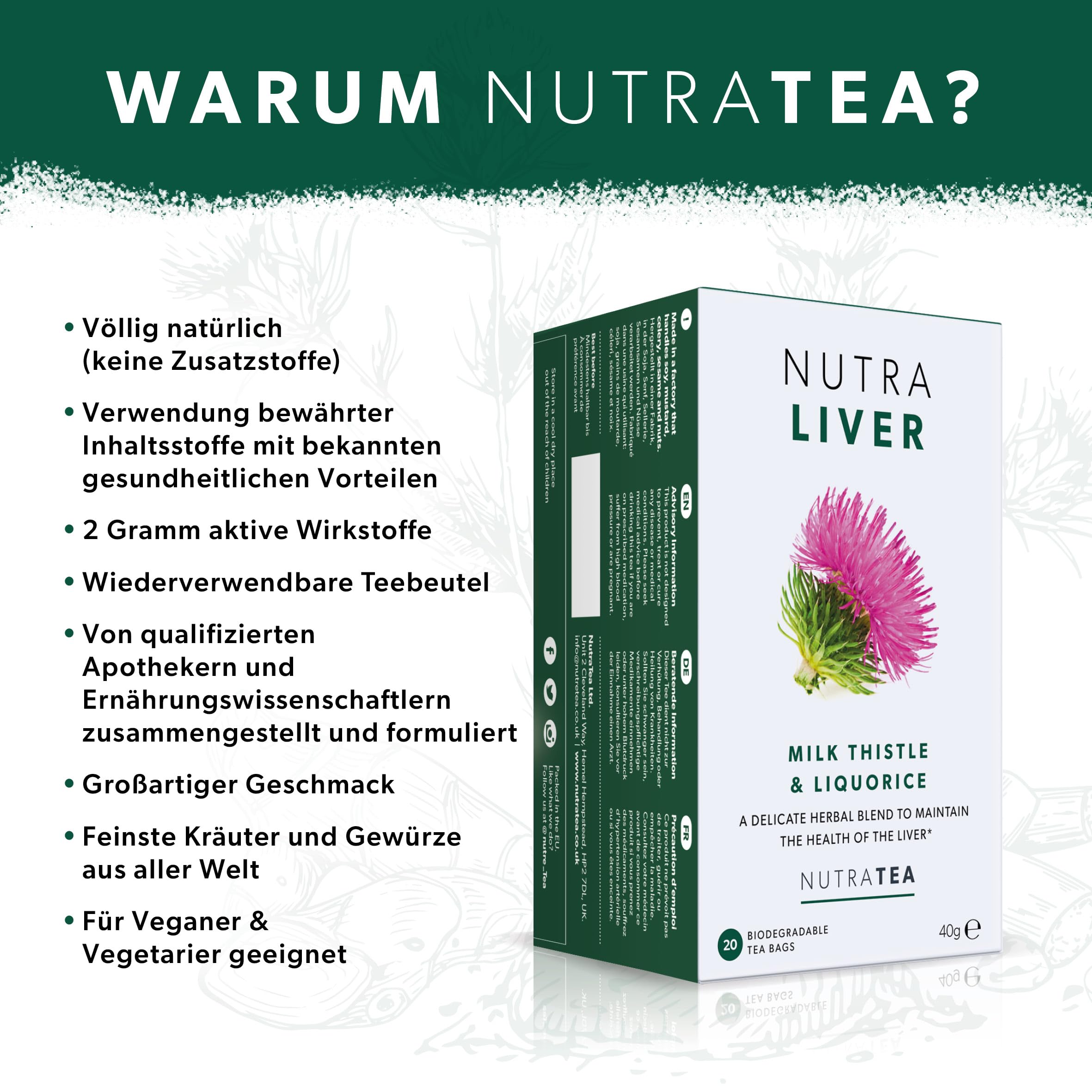Nutra Tea NUTRALIVER, Detox Tee zum Entgiften der Leber, trägt zur Unterstützung der Leberregeneration & gesunde Verdauung bei, 60 wiederverwendbare Teebeutel, Leber Tee mit Mariendistel & Lakritz