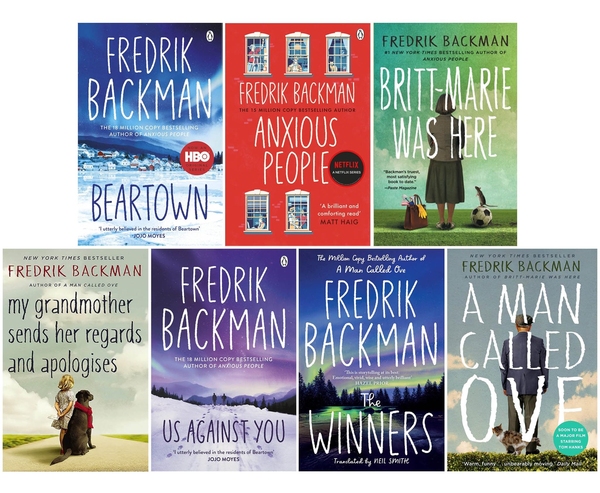 Fredrik Backman 7 Books Collection Set (Beartown, Us Against You, The Winners, Anxious People, Britt-Marie Was Here, My Grandmother Sends Her Regards and Apologises & A Man Called Ove) Paperback – 1 Jan. 2023