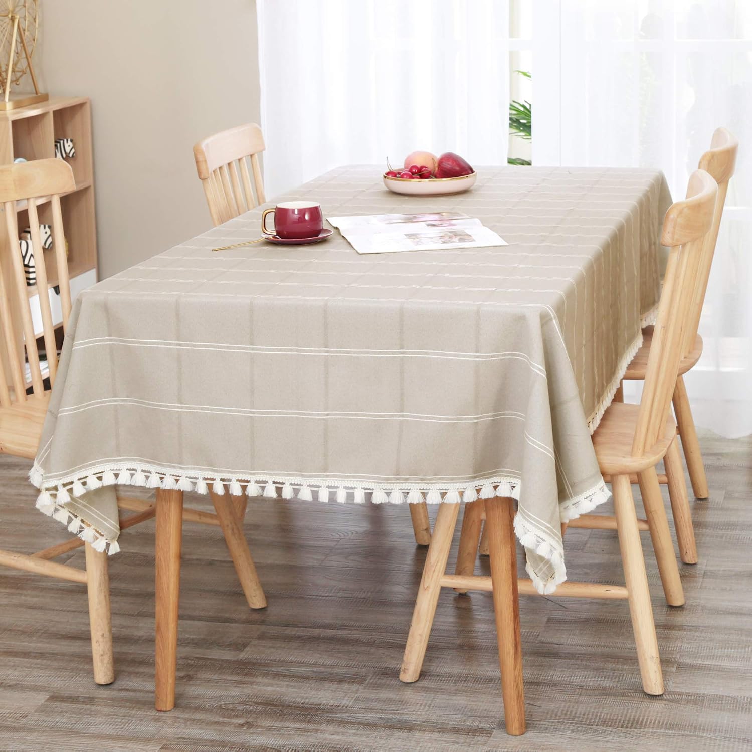 Deconovo Tablecloths Rectangle Poly-Cotton Blend Tassel Waterproof Fade Resistant Table Cover for Kitchen 54 by 72 Inch Beige
