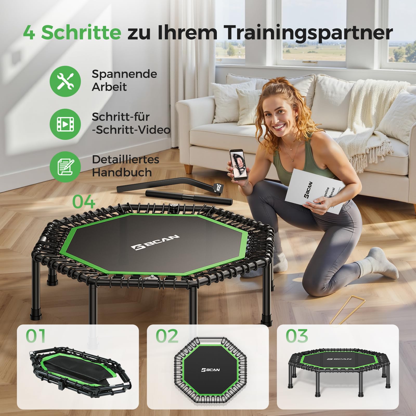 BCAN Achteckiges Indoor-Fitness-Trampolin, 130cm, Trampolin für Erwachsene bis 205 kg, mit verstellbarem T-Griff und großer Sprungfläche, stoßdämpfend und geräuscharm