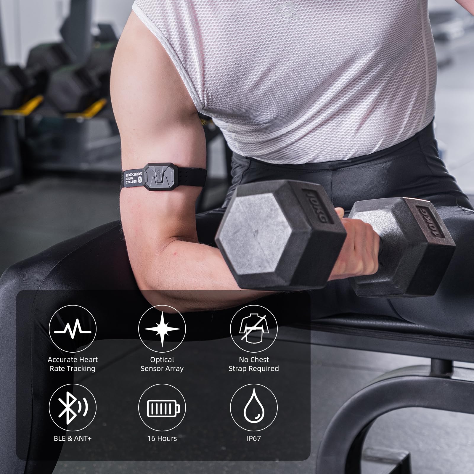 ROCKBROS Herzfrequenzmesser Armband, Bluetooth ANT+ Pulsmesser Fitness Tracker mit HR Zonen LED Indikator, IP67 Wasserdicht Optischer Pulssensor, 15h Akku, Magnetisches Laden
