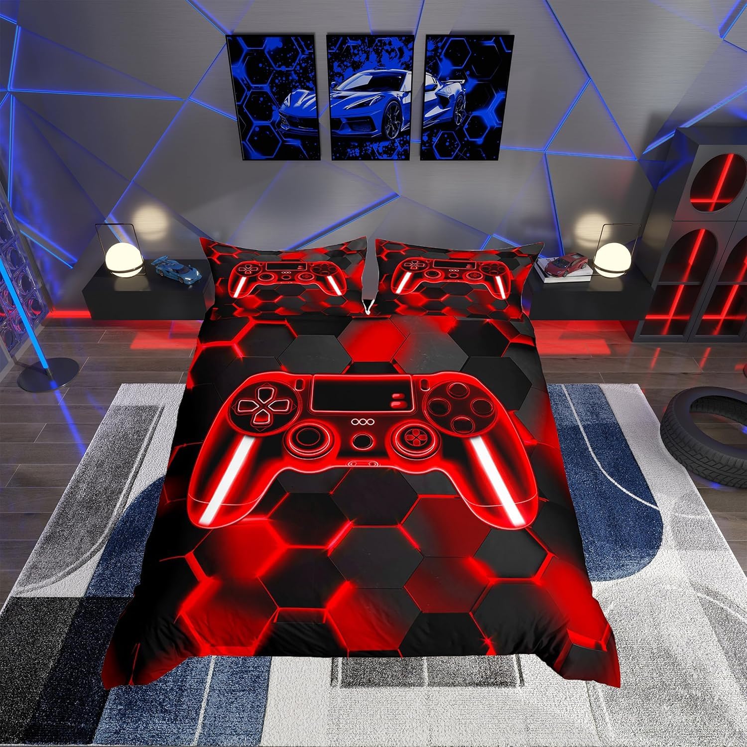 Gamer Duvet Cover Gaming Bedding Set for Kids Boys Girls Teens Room Decor Red and Black Game Console Comforter Cover King Size Gamepad Honeycomb 3Pcs Zipper Breathable Soft Lightweight Microfiber