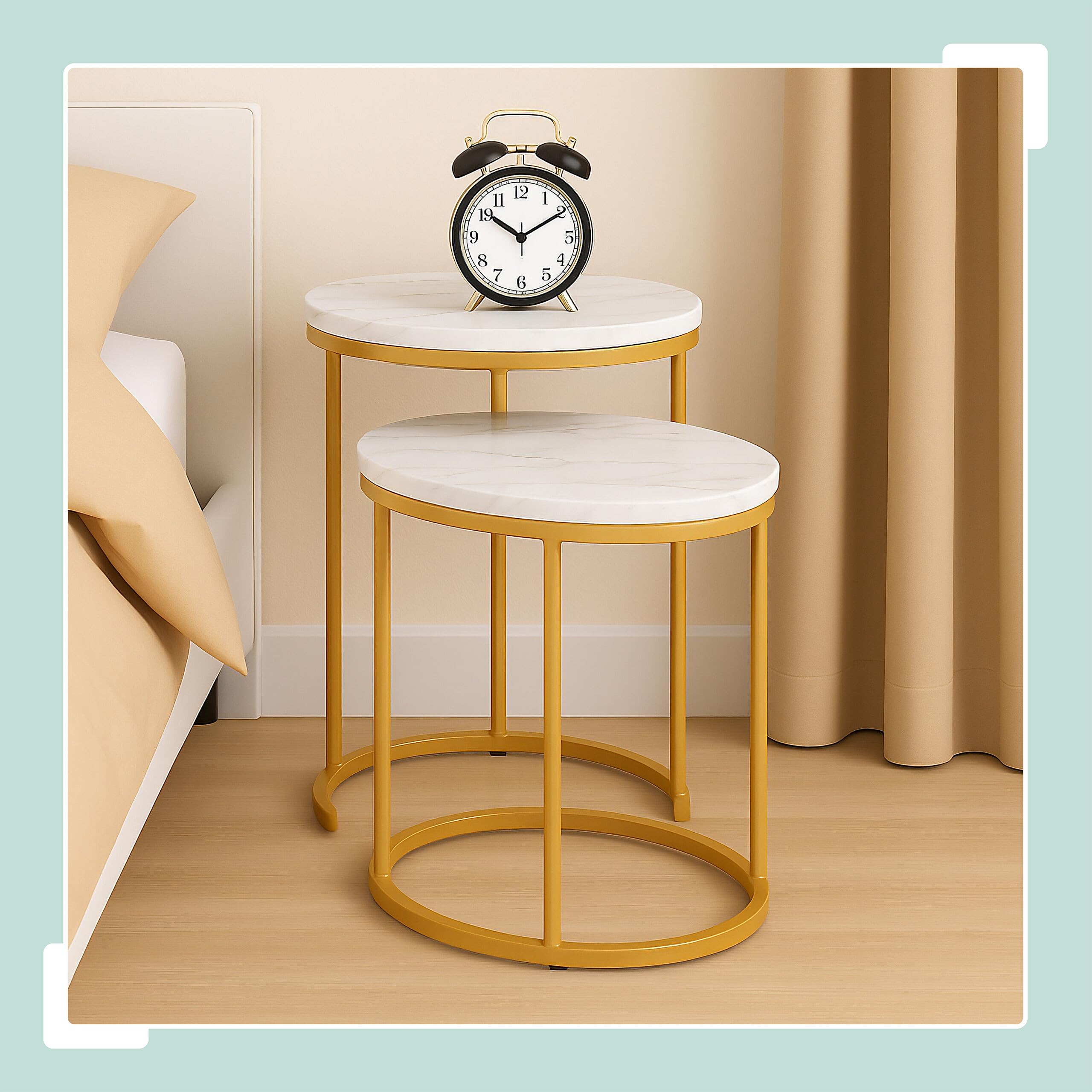 Relaxdays Tavolini da Salotto, 2 Tavoli Bassi caffè da Divano Soggiorno, Tondo e Ovale Stile Marmo, Metallo, Bianco Oro
