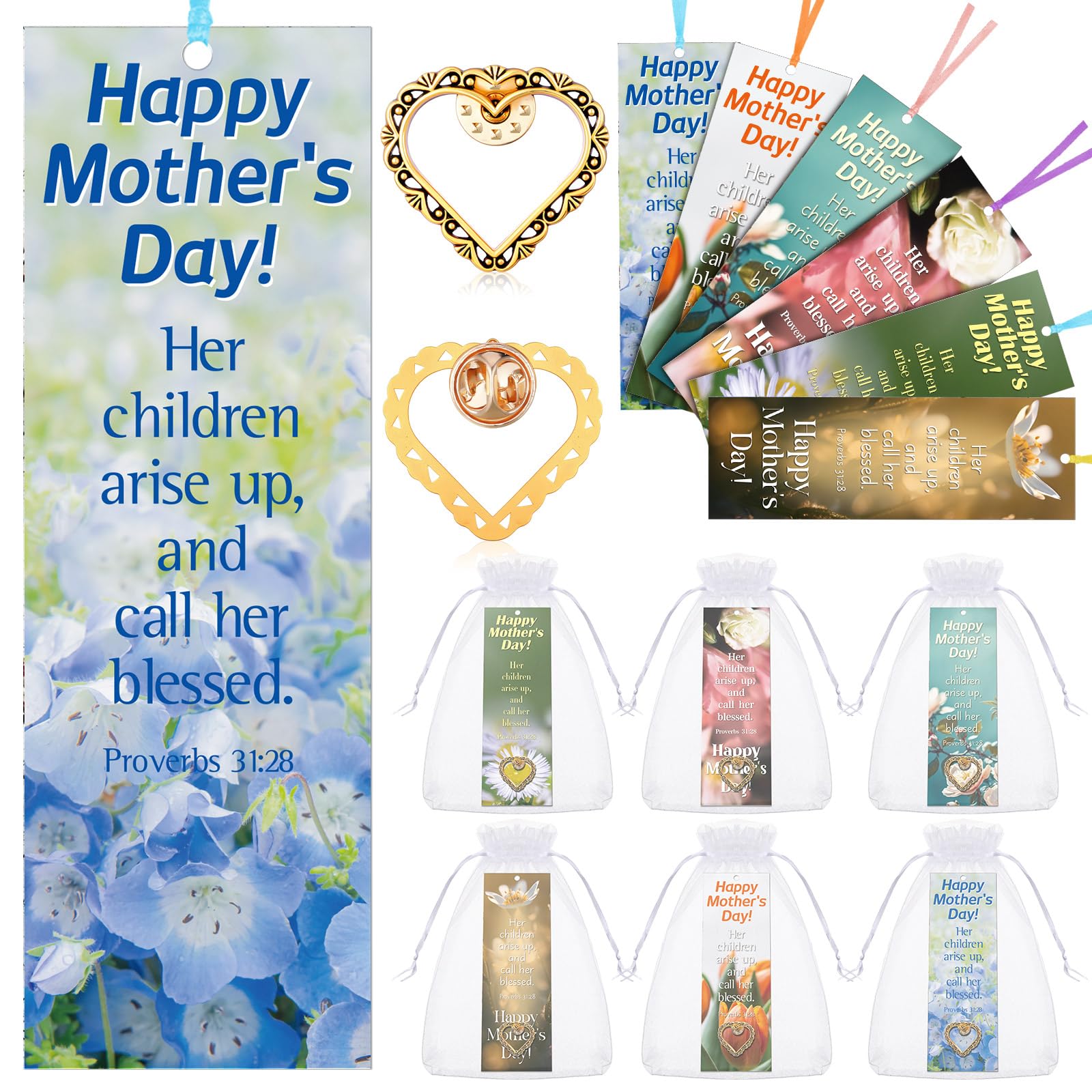 Supervitae 24 Pcs/ 12 Sets Happy Mother's Day Bookmark with Heart Pin Include 12 Proverbs 31: 28 Bookmarks 12 Heart Brooch Pin Christian Bible Verse