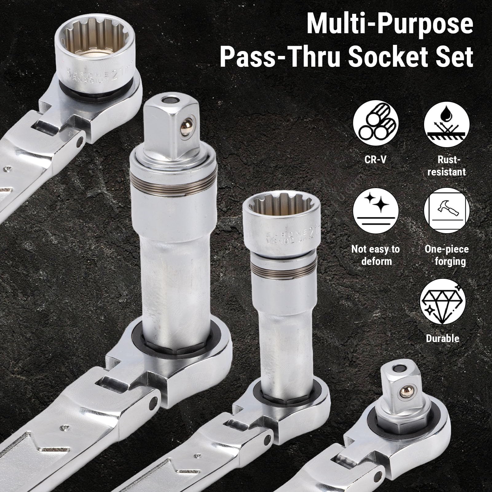 YWBL-WH Set di Bussole Passanti, Chiave a Cricchetto Reversibile da 19 Mm con Bussole Scanalate Metriche da 10 a 24 Mm, modalità a Cricchetto 2 in 1, per Serrare e Allentare Dadi