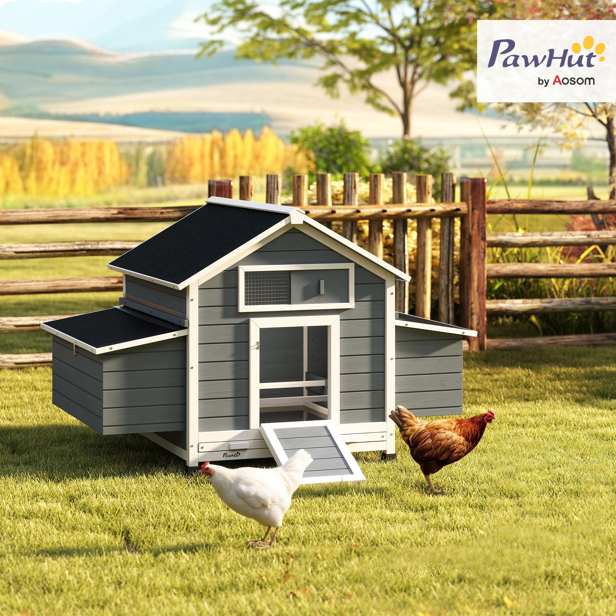 PawHut Gallinero de Madera para Exterior, 2 Nidos, Bandeja Extraíble, Perchas, Techo Impermeable, 150x100x96,5 cm, Gris