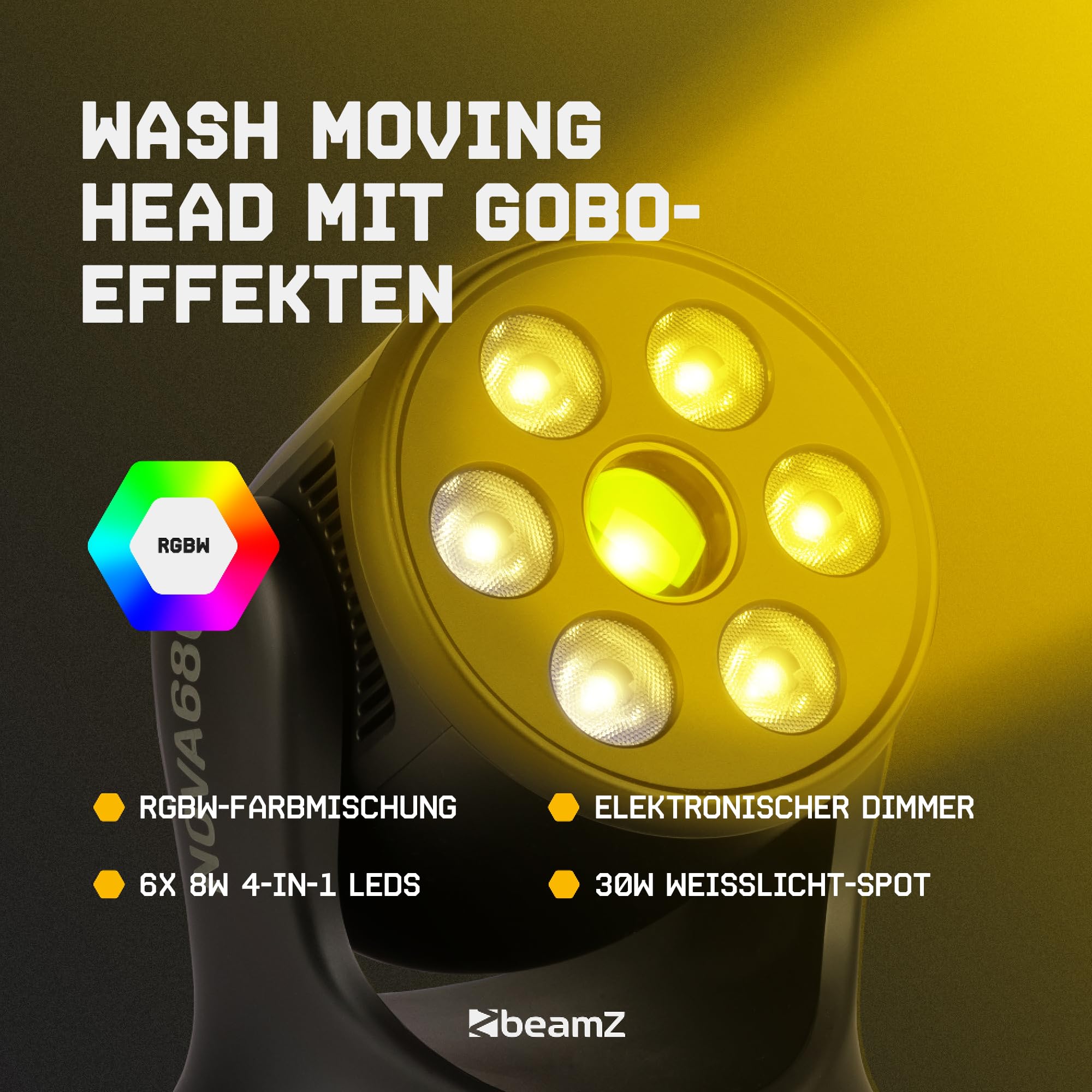 BeamZ NOVA68G-BK Moving Head Wash – Kompaktes Disco Licht, LED Moving Head mit 6x 8 Watt RGBW, Gobo & Farbrad – DMX Licht Musikgesteuert – DJ Lichtanlage für Party Lichter, Disco, Restaurant & Bühne